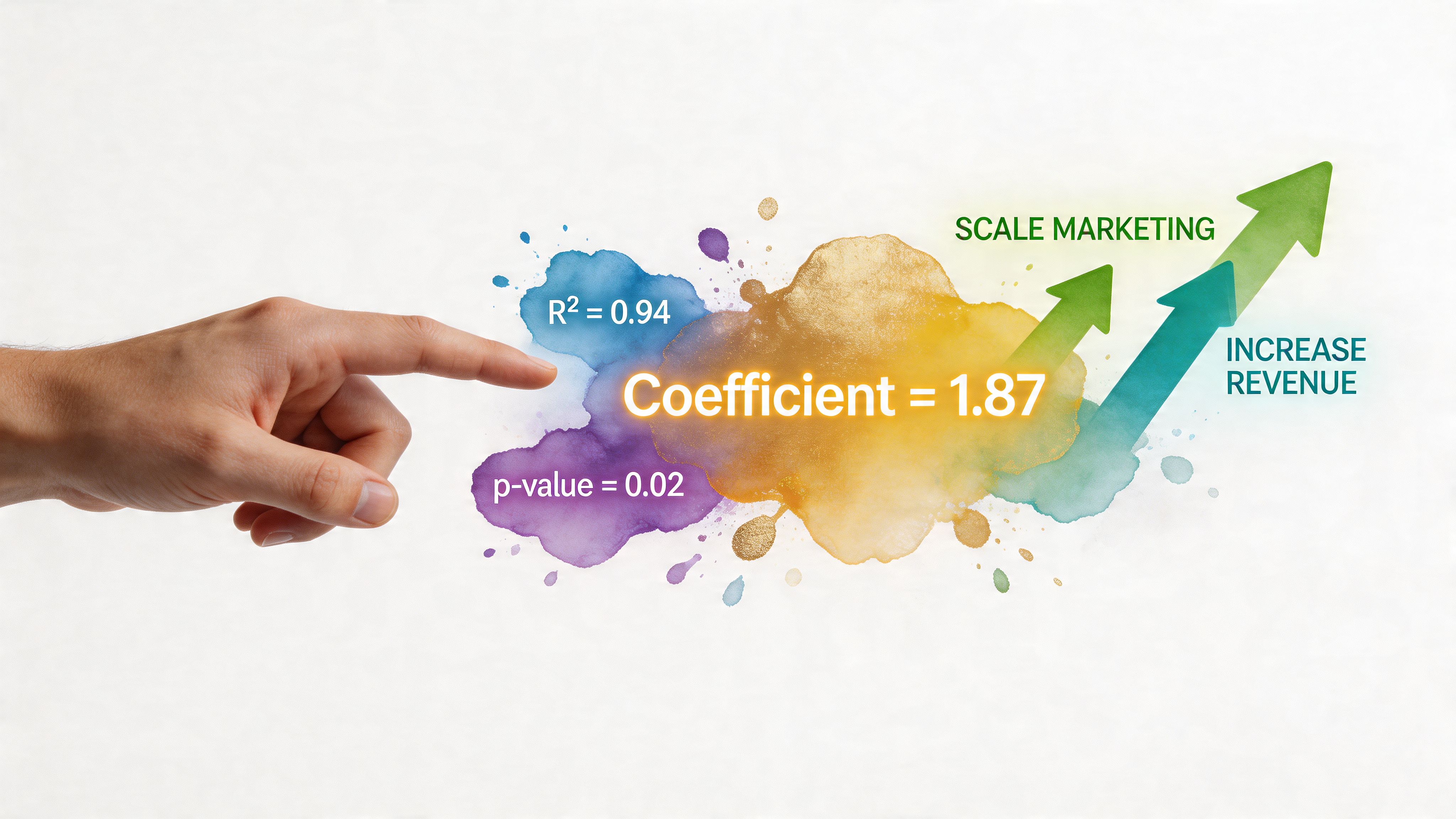 A hand pointing at statistical data including R-squared, coefficient, and p-value alongside marketing growth arrows.