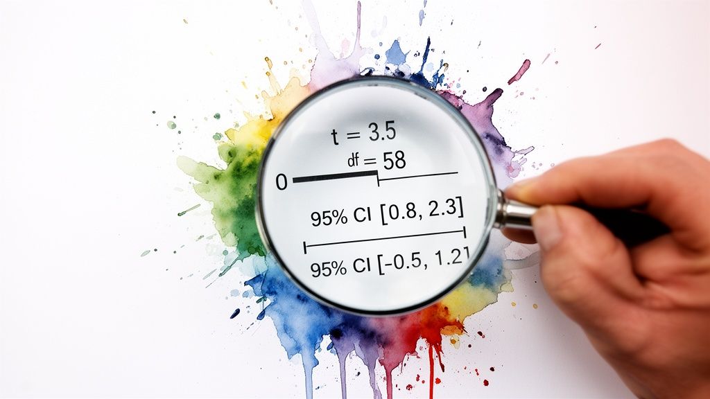 Hand holding magnifying glass over statistical t-test results and confidence intervals on watercolor paper.