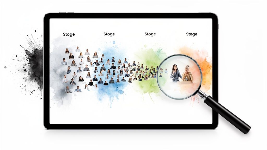 A tablet visualizes diverse people in colorful stages, with a magnifying glass highlighting two individuals.