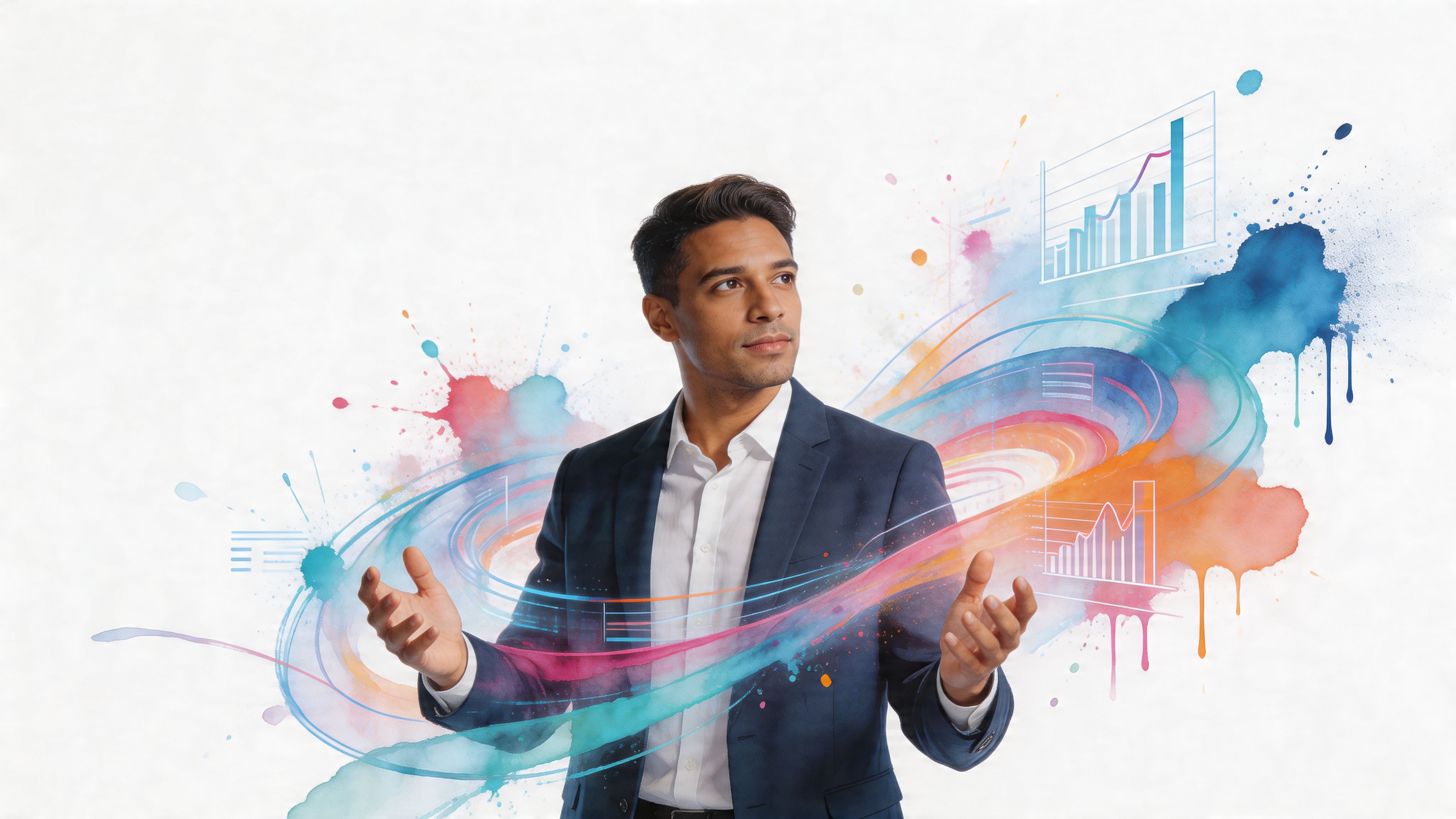 A professional man in a business suit gestures towards colorful, abstract data visualizations and digital charts.