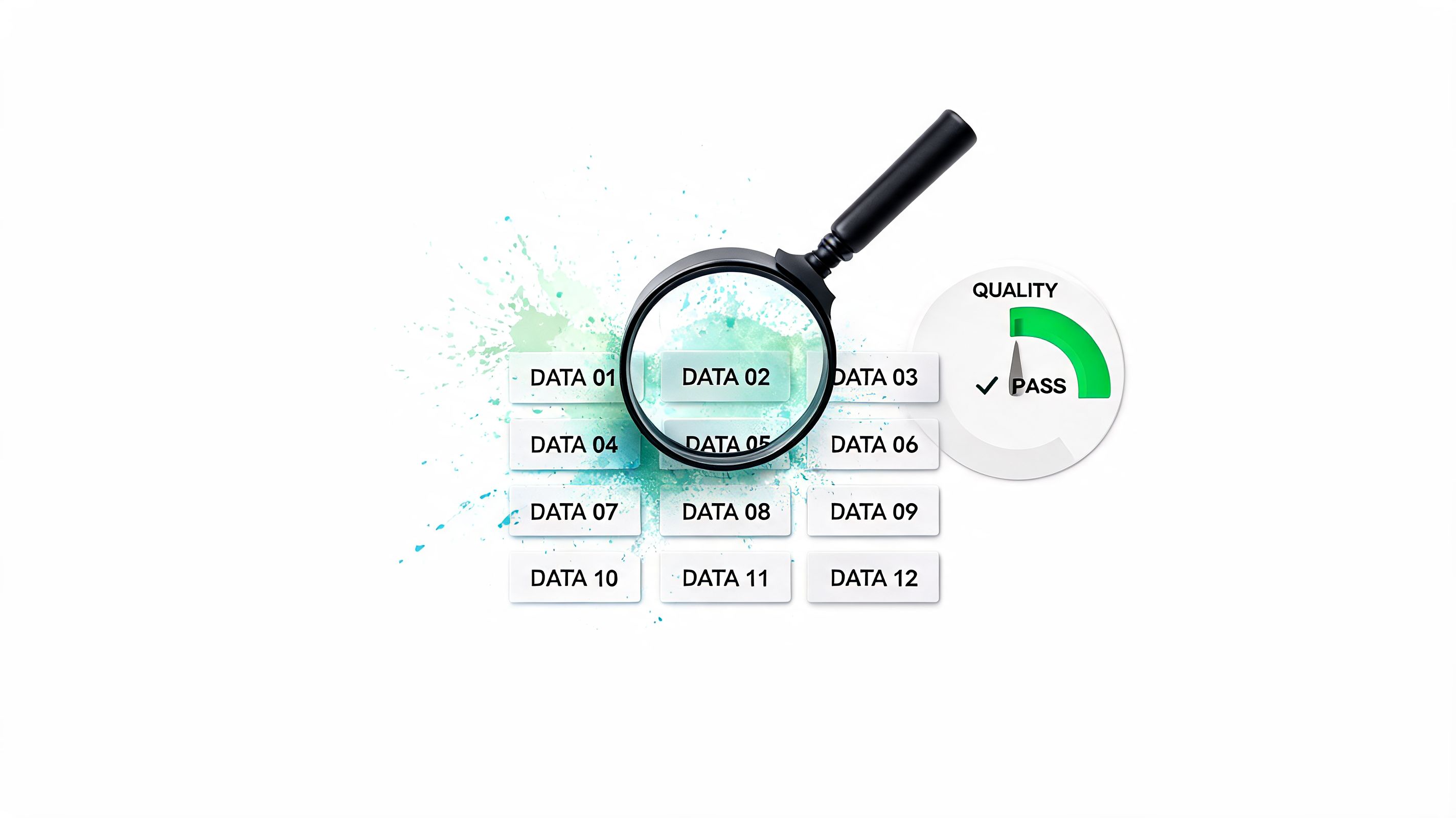 A magnifying glass inspecting data blocks with a quality pass gauge indicating successful data verification process.