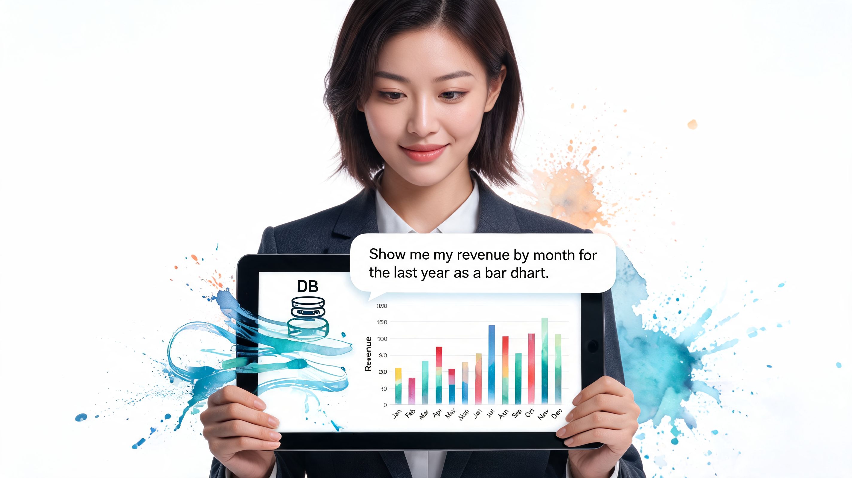 A professional woman holding a tablet showing a bar chart visualization of monthly revenue data.