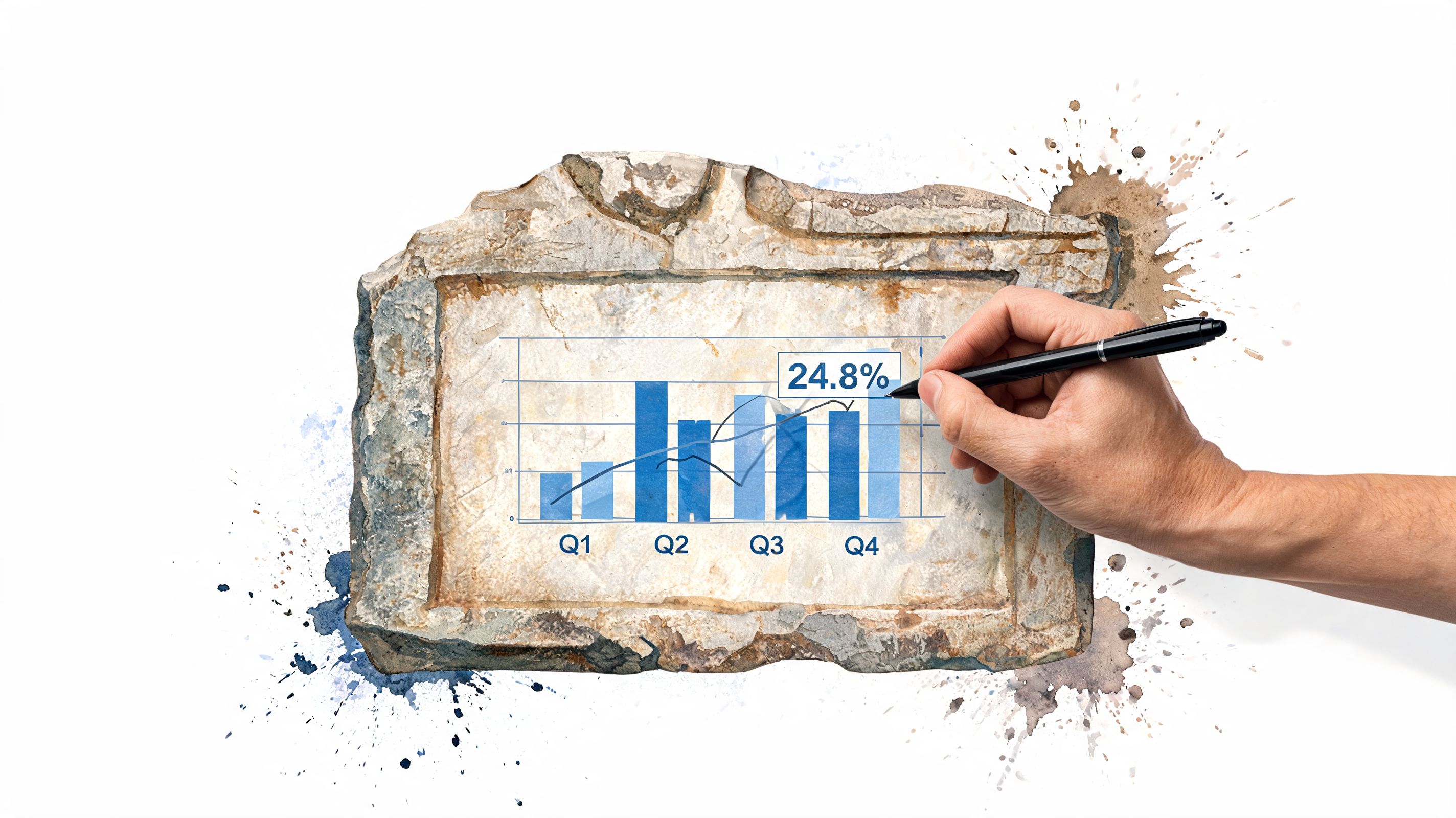A human hand uses a pen to point at a growth chart on a stone tablet surface.