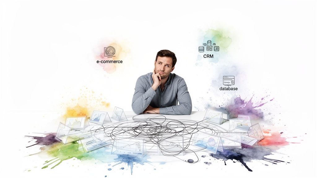 A man contemplates integrating e-commerce, CRM, and database data, surrounded by complex charts.