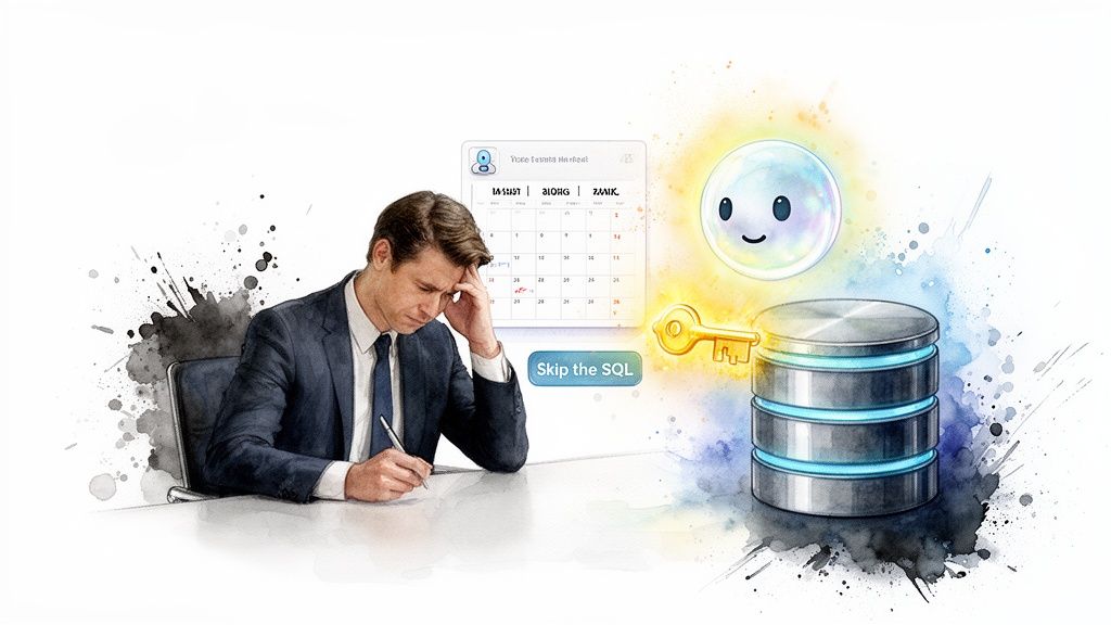 Stressed man at desk, calendar, database, key, and AI agent offering to 'Skip the SQL'.