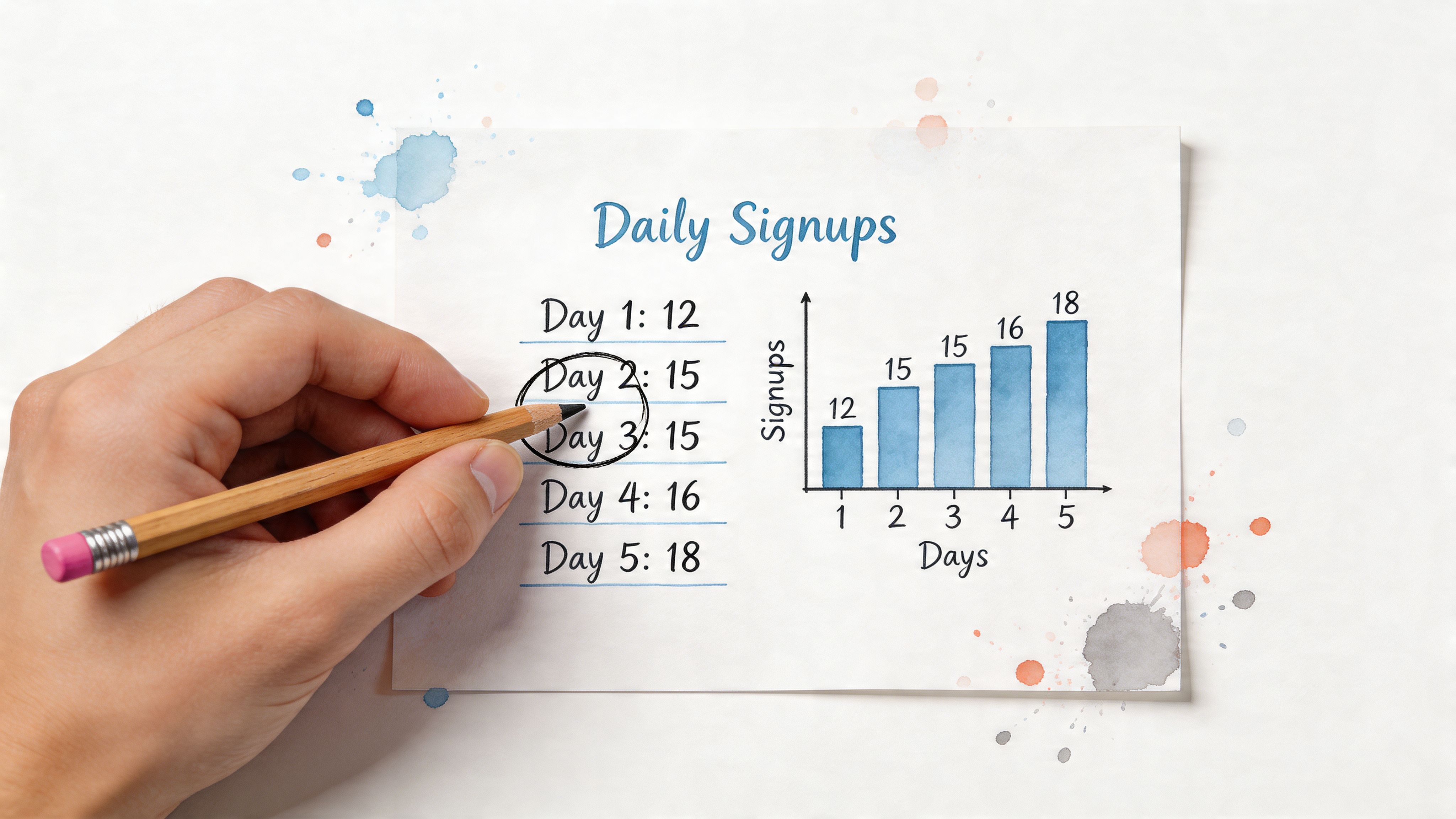 A hand holds a pencil pointing to a daily signups chart showing increasing data over five days.
