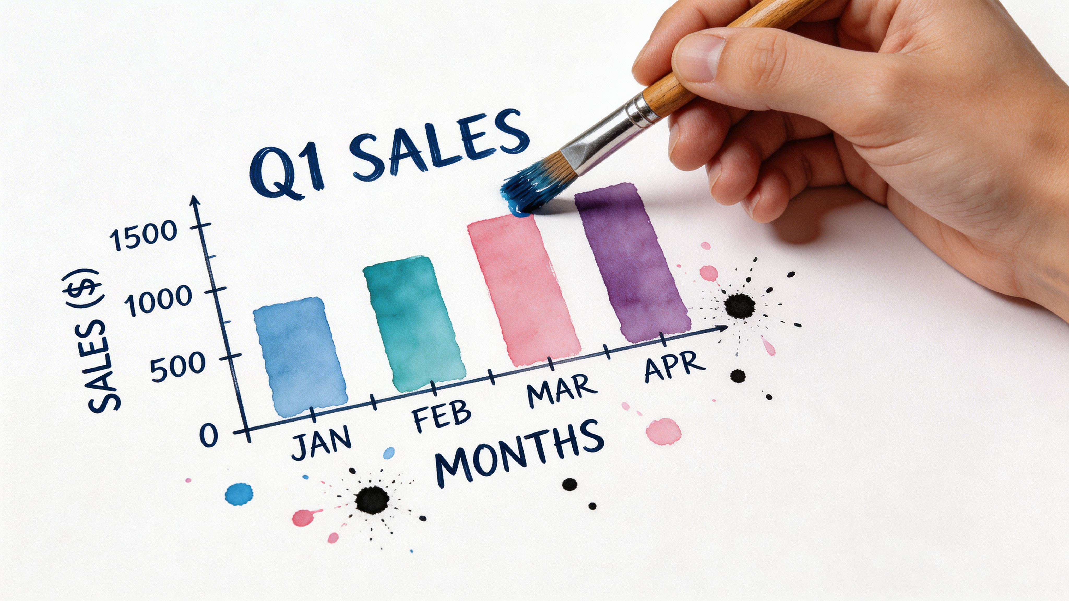 A hand painting a bar chart representing Q1 sales with a brush on a white surface.
