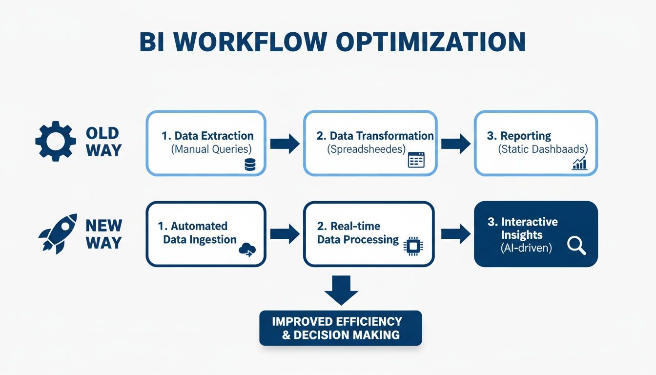 Diagram illustrating old versus new BI workflow, showing automation, real-time processing, and AI-driven insights.