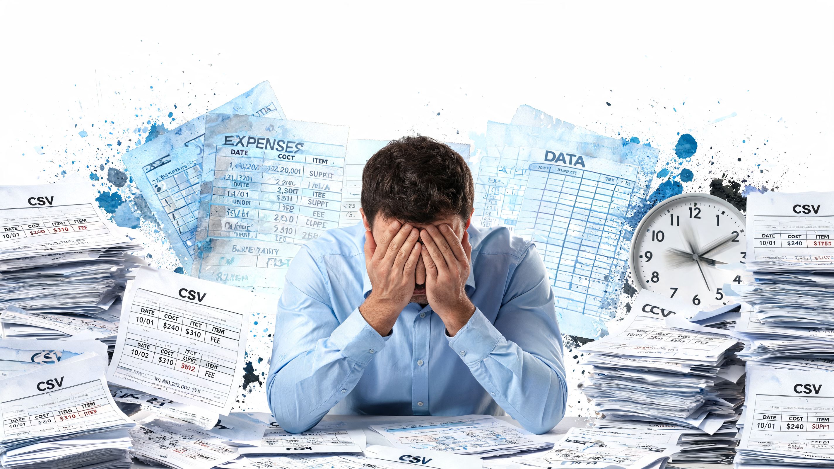 A stressed businessman with his face in his hands surrounded by overwhelming piles of data documents.