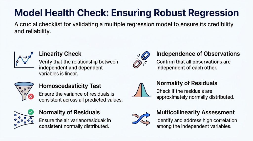 A checklist for performing a model health check to ensure the reliability of multiple regression analysis.