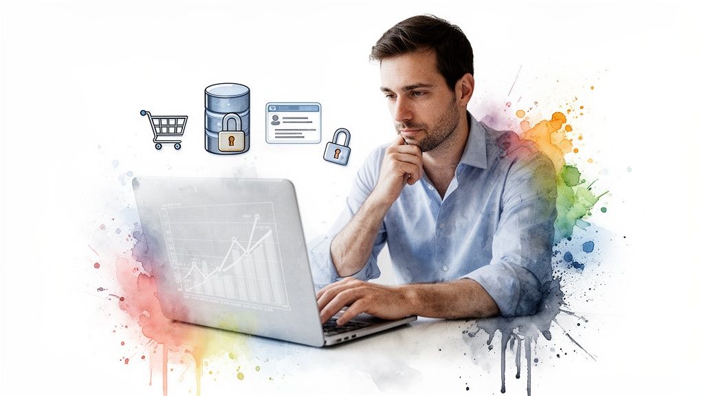 A man analyzes data on a laptop, surrounded by icons for database security, privacy, and e-commerce.