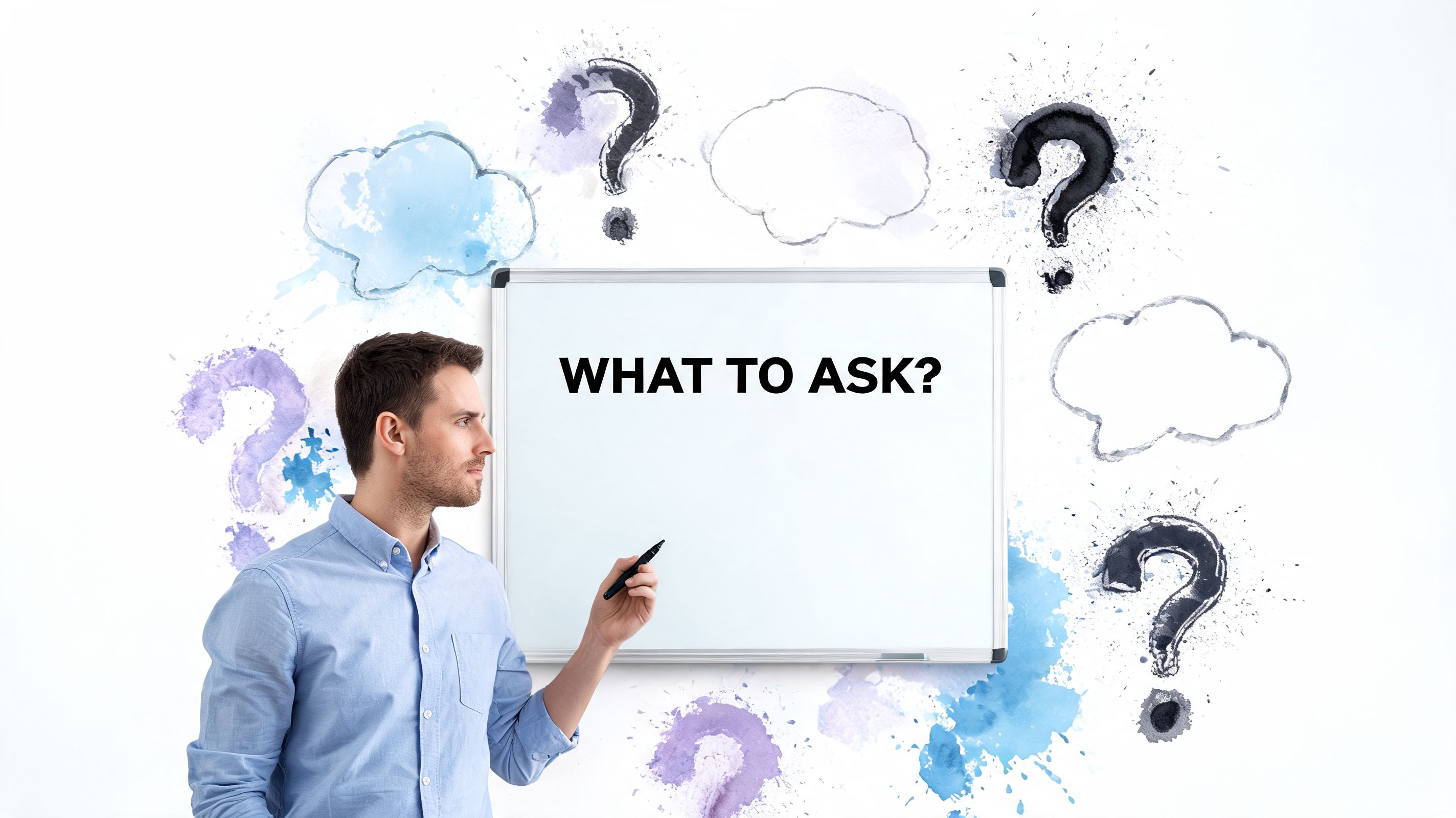 A professional man holding a marker in front of a whiteboard with the text What to Ask