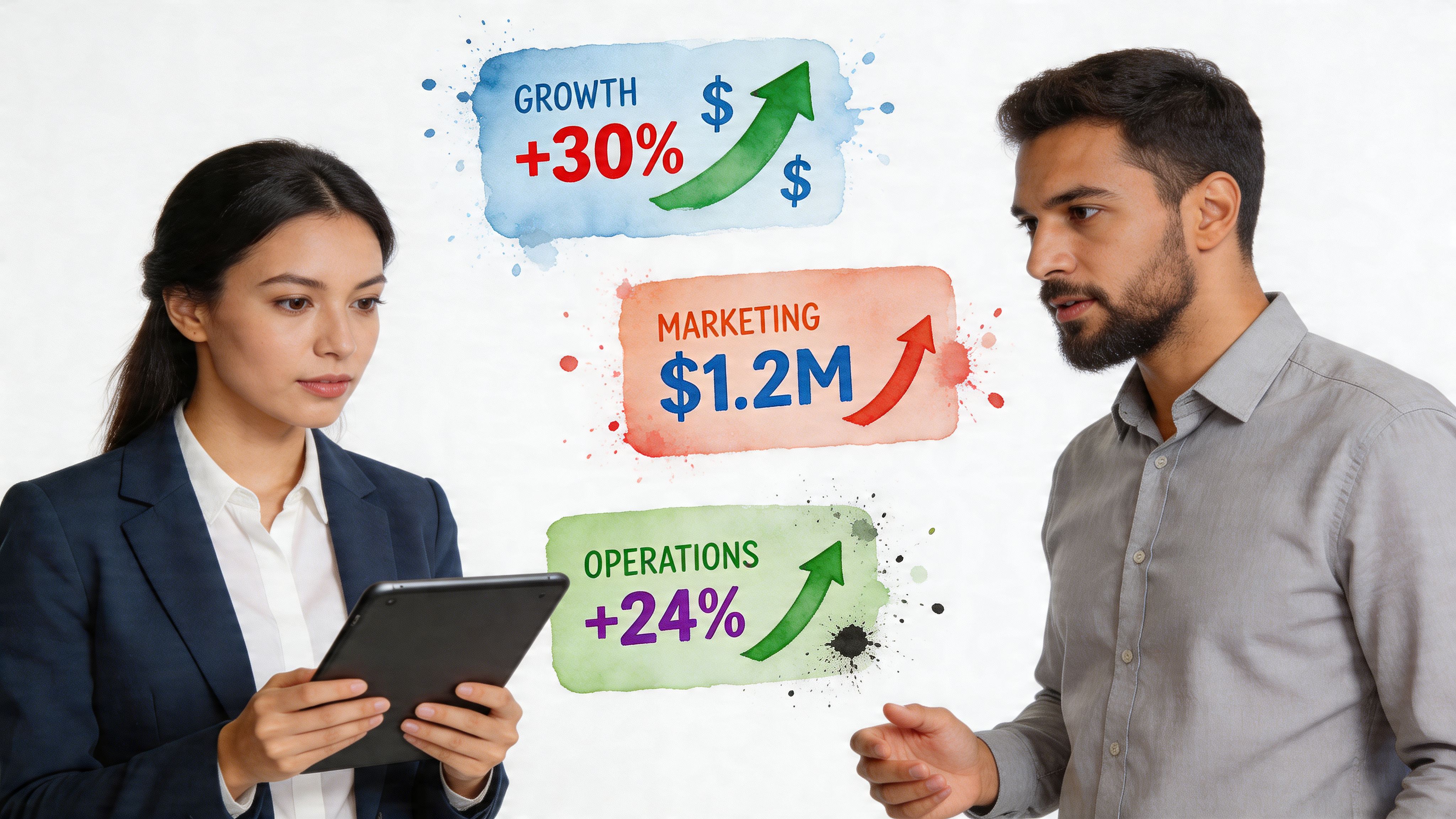 A professional woman holding a tablet with a man discussing business data visualizations with growth statistics.