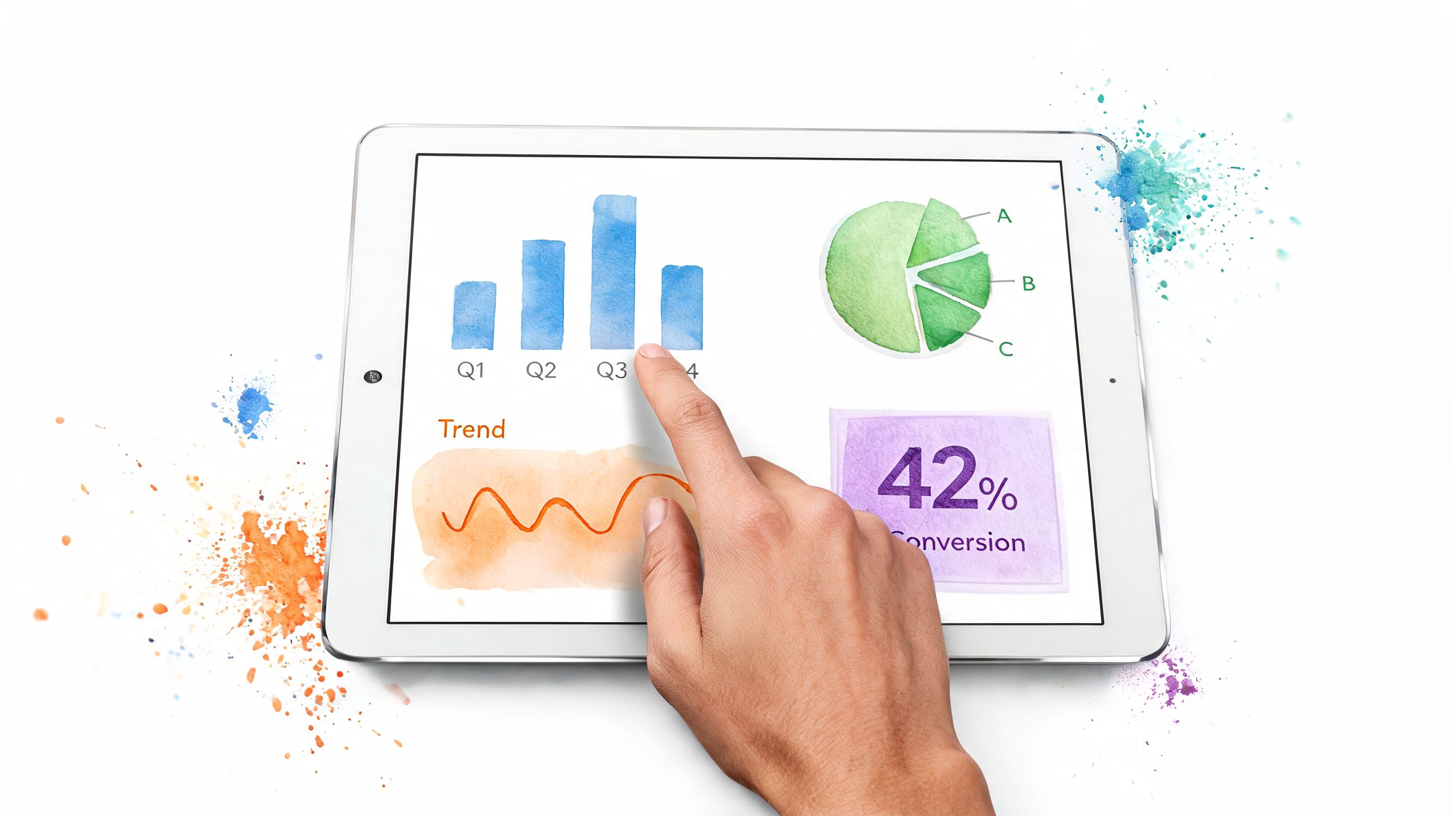 A person using a finger to interact with business charts and data on a digital tablet screen.