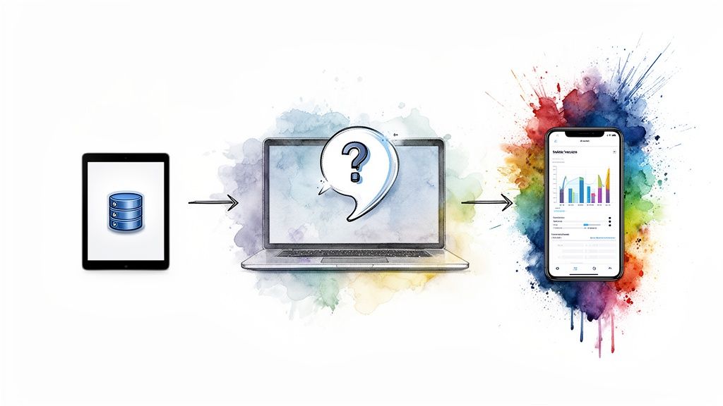Data processing journey: from database to laptop analysis, then visualized on a smartphone app.