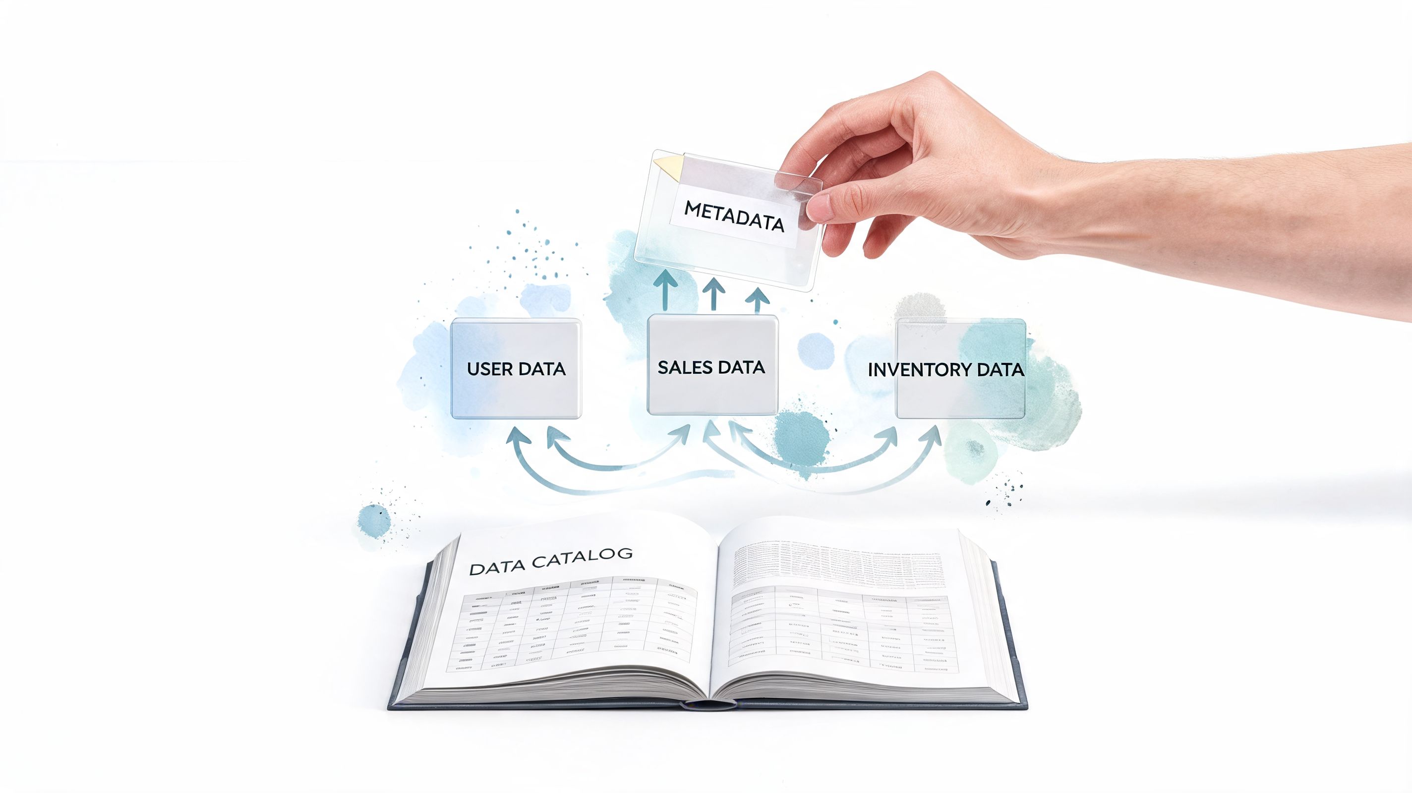 A hand holds a metadata label above icons representing user data, sales data, and inventory data.