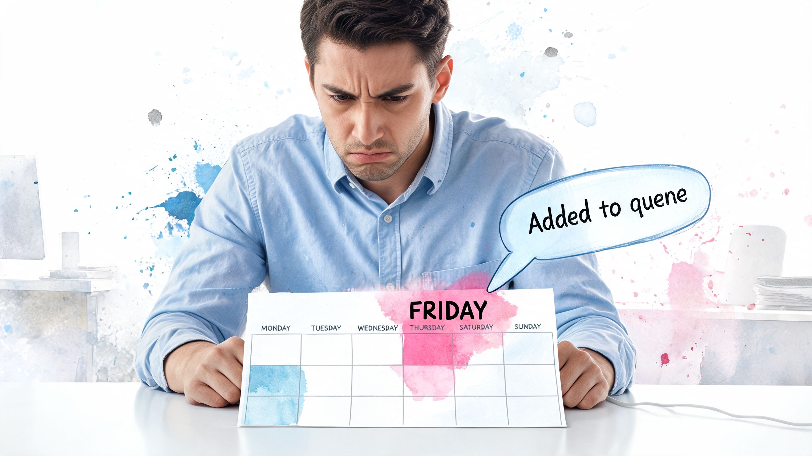 A frustrated man looking at a weekly calendar with a speech bubble that says added to queue.