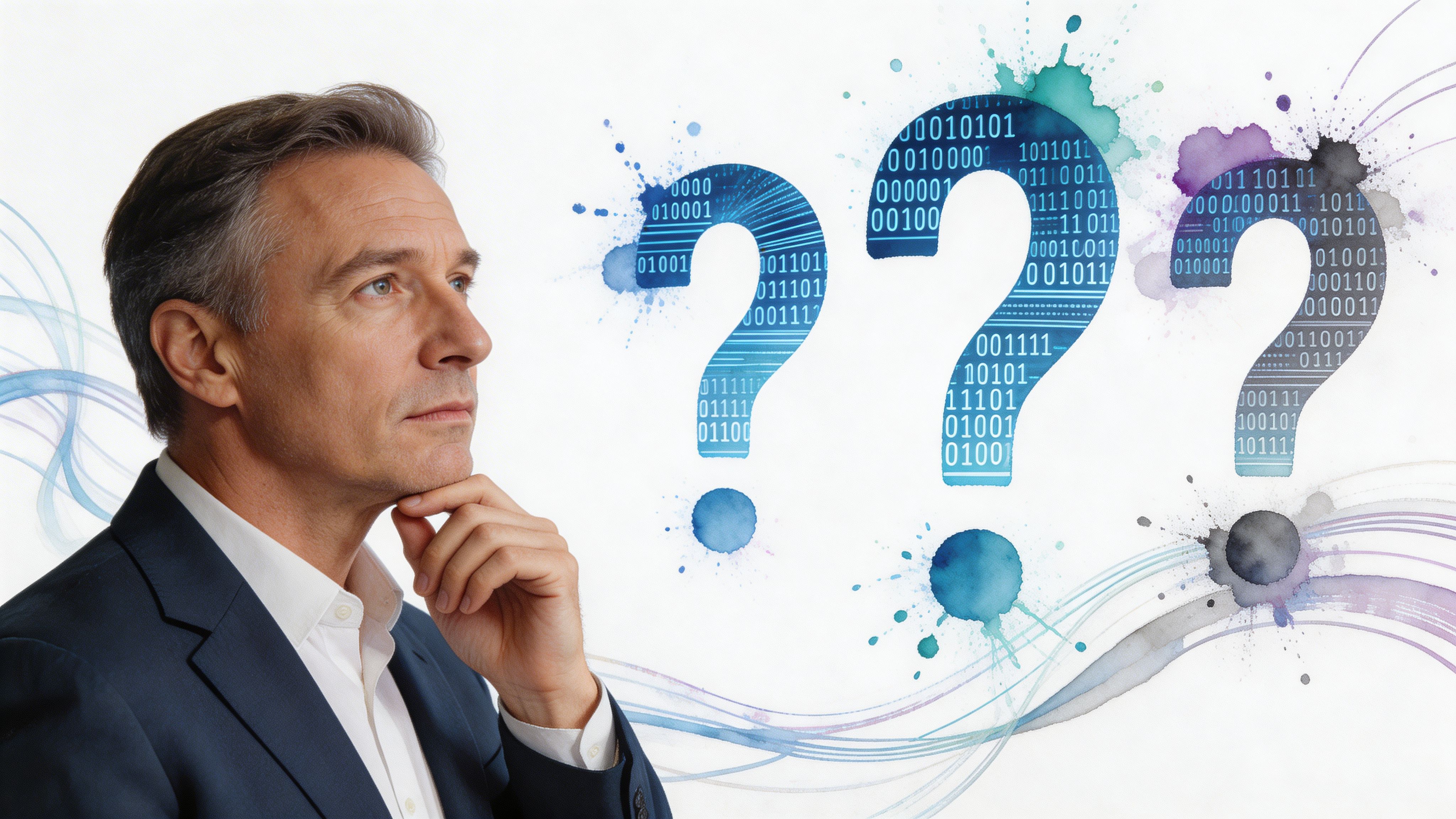 A professional man in a suit thoughtfully pondering over large digital binary data question marks.