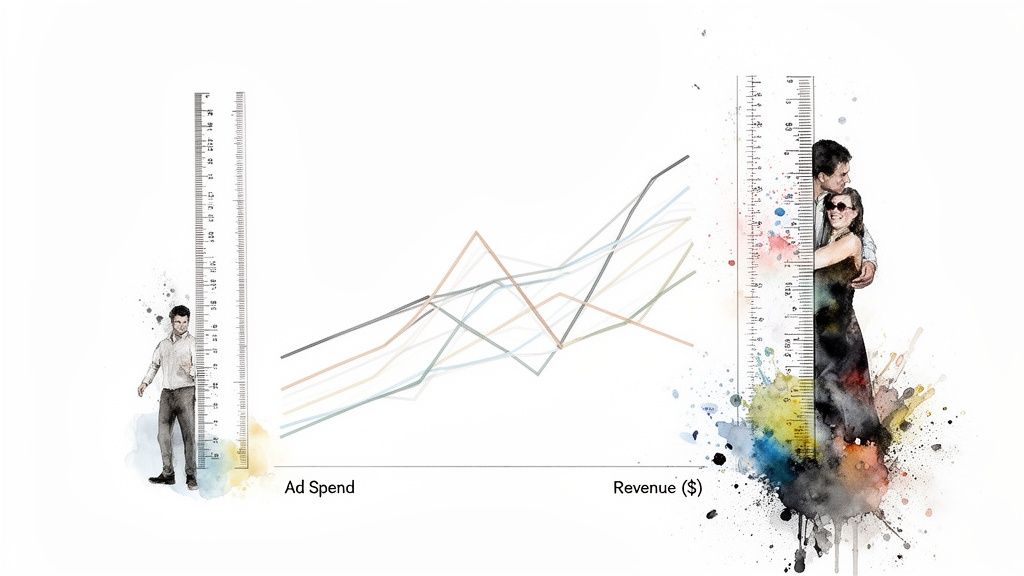A colorful line graph illustrating ad spend and revenue, flanked by two rulers with people and watercolor splatters.
