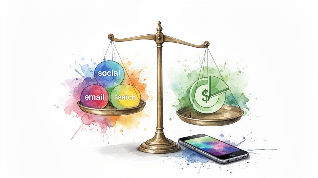 Watercolor image comparing social, email, and search channels with financial returns on a balance scale, alongside a smartphone.