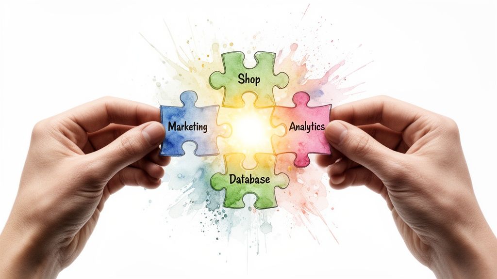 Hands connect colorful puzzle pieces labeled Marketing, Shop, Analytics, and Database, symbolizing business integration.