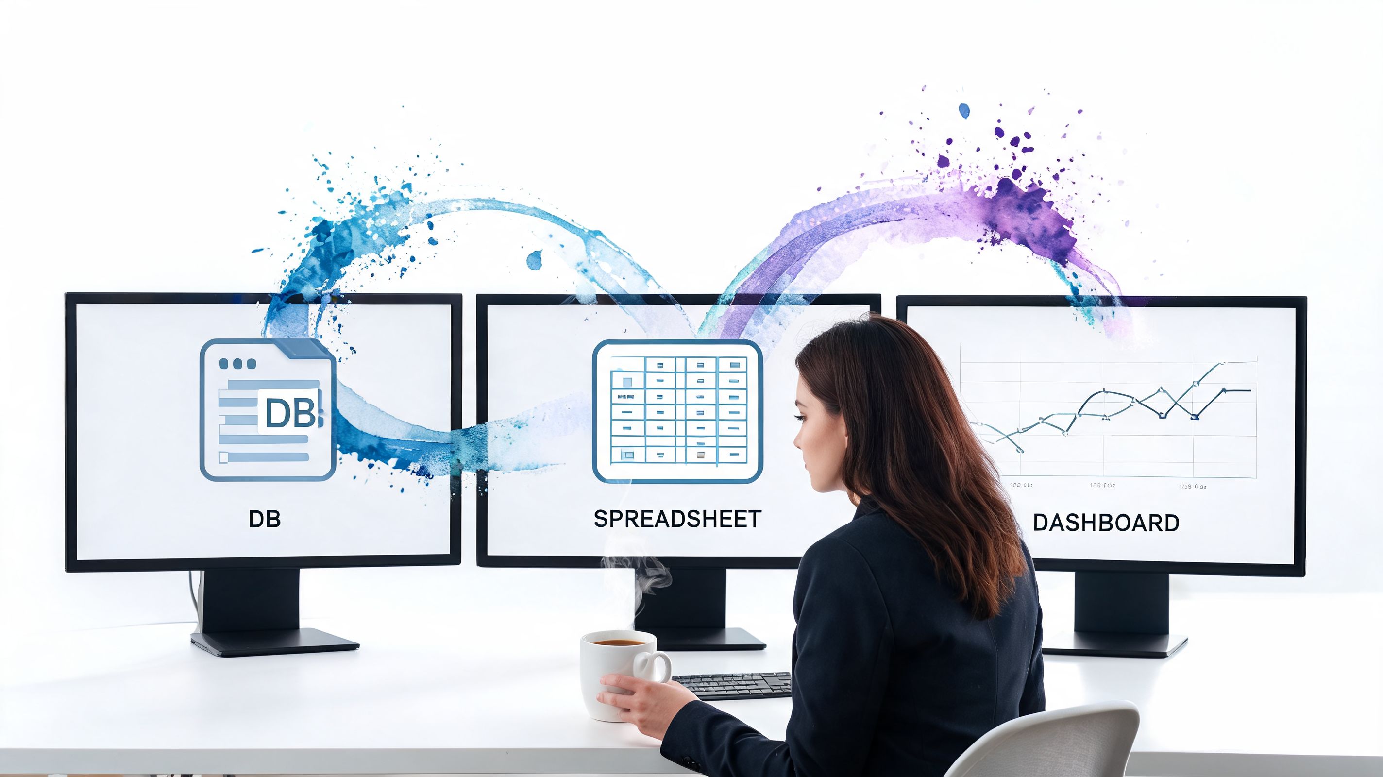 A professional woman working at three computer monitors showing a database, spreadsheet, and data dashboard.