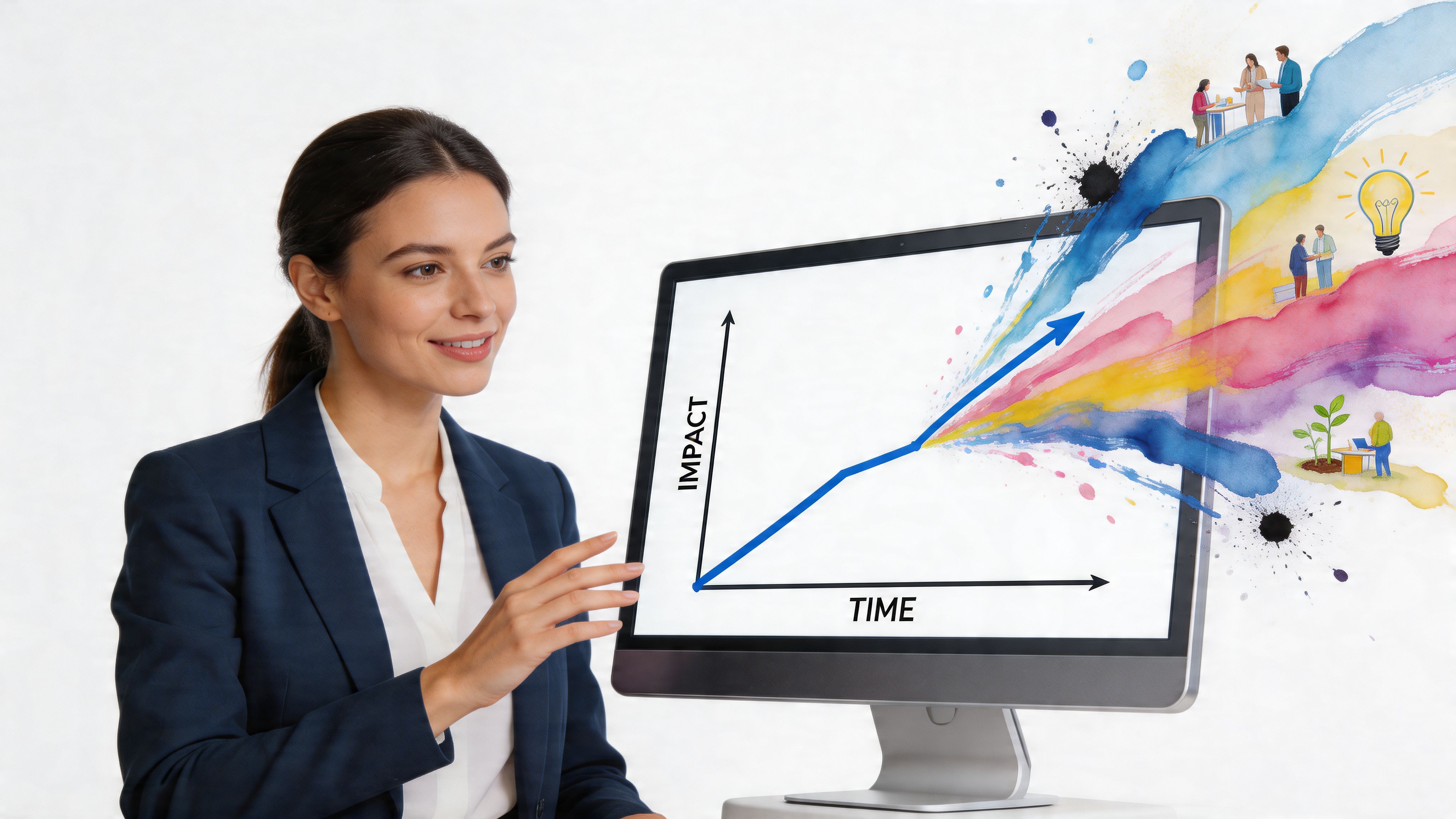 A professional woman presenting a data graph on a computer screen showing impact over time.