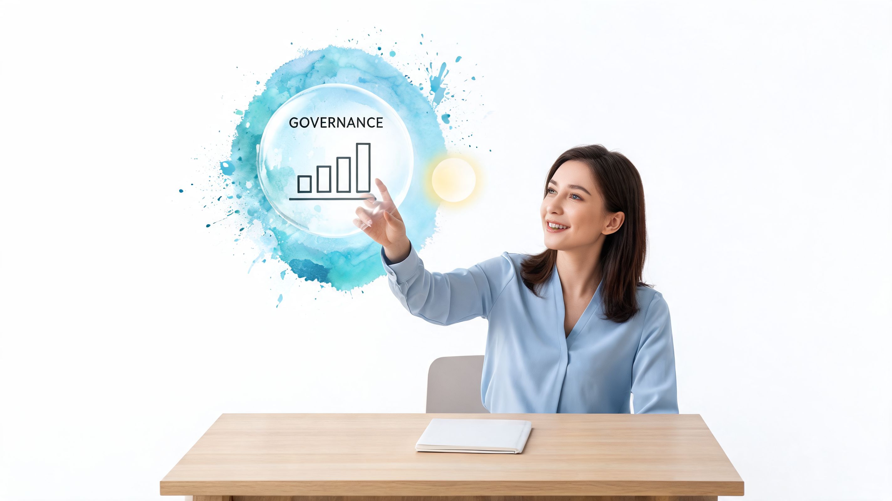 A professional woman interacting with a digital interface labeled Governance featuring a bar graph icon.