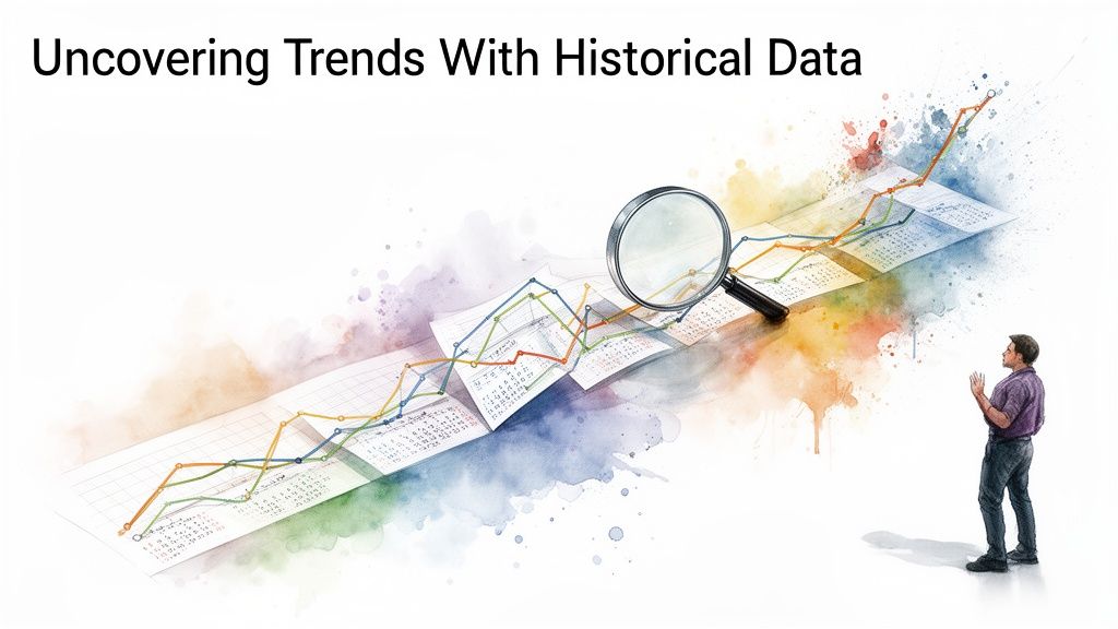 An illustration of a man analyzing historical data trends on graphs with a magnifying glass.
