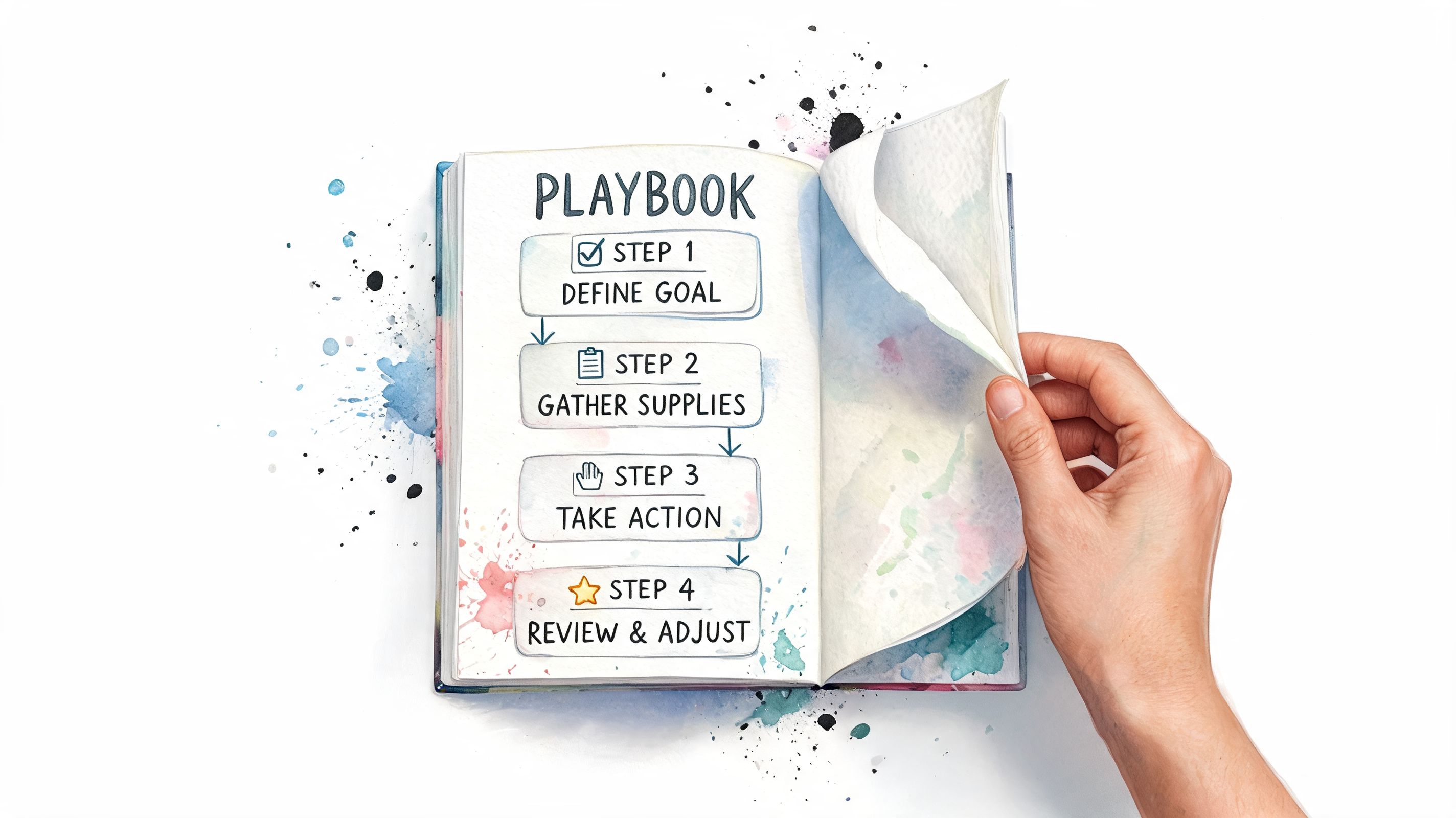 A hand turning the page of a notebook displaying a four-step playbook for achieving goals.