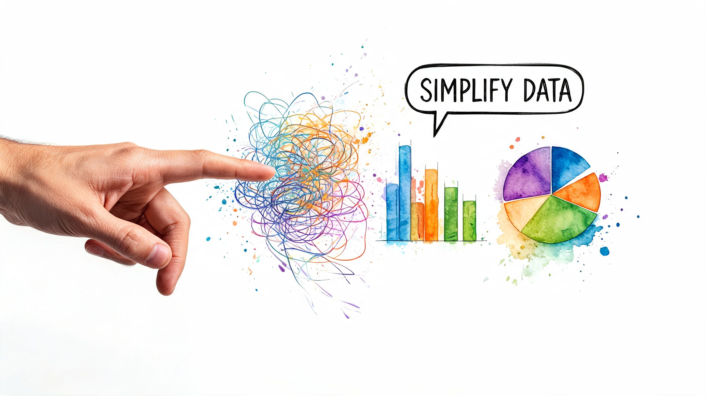 A hand pointing at a messy tangle of lines transforming into neat bar and pie charts.