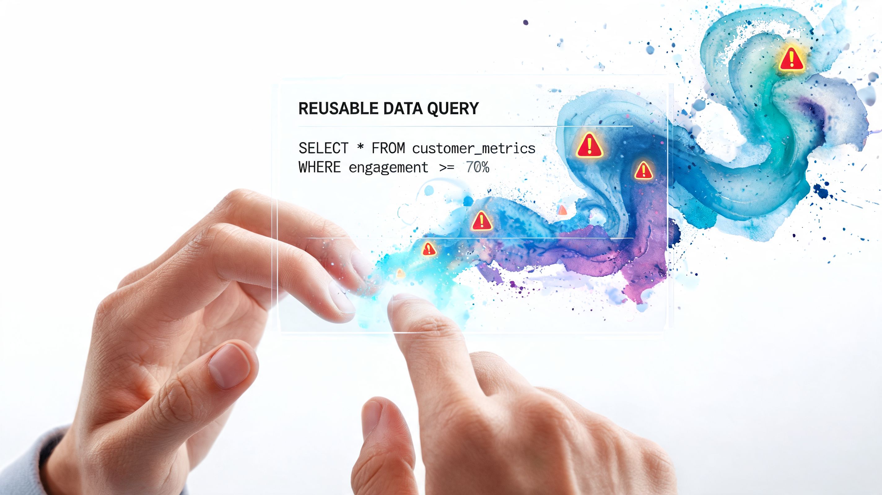 A person interacting with a digital holographic screen showing SQL query code and data visualizations.