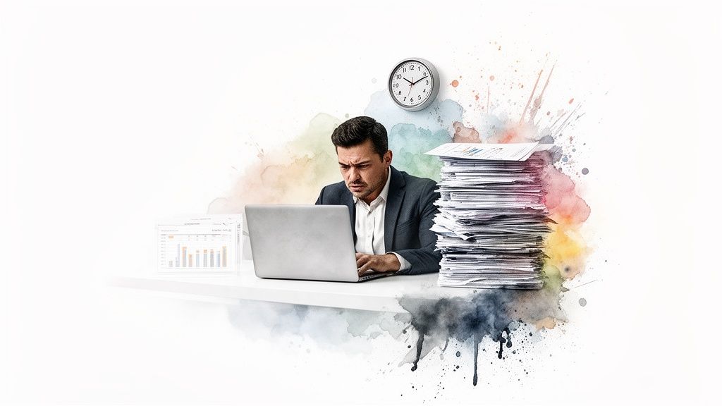 A focused man works on a laptop at a desk with a large stack of papers and a clock.