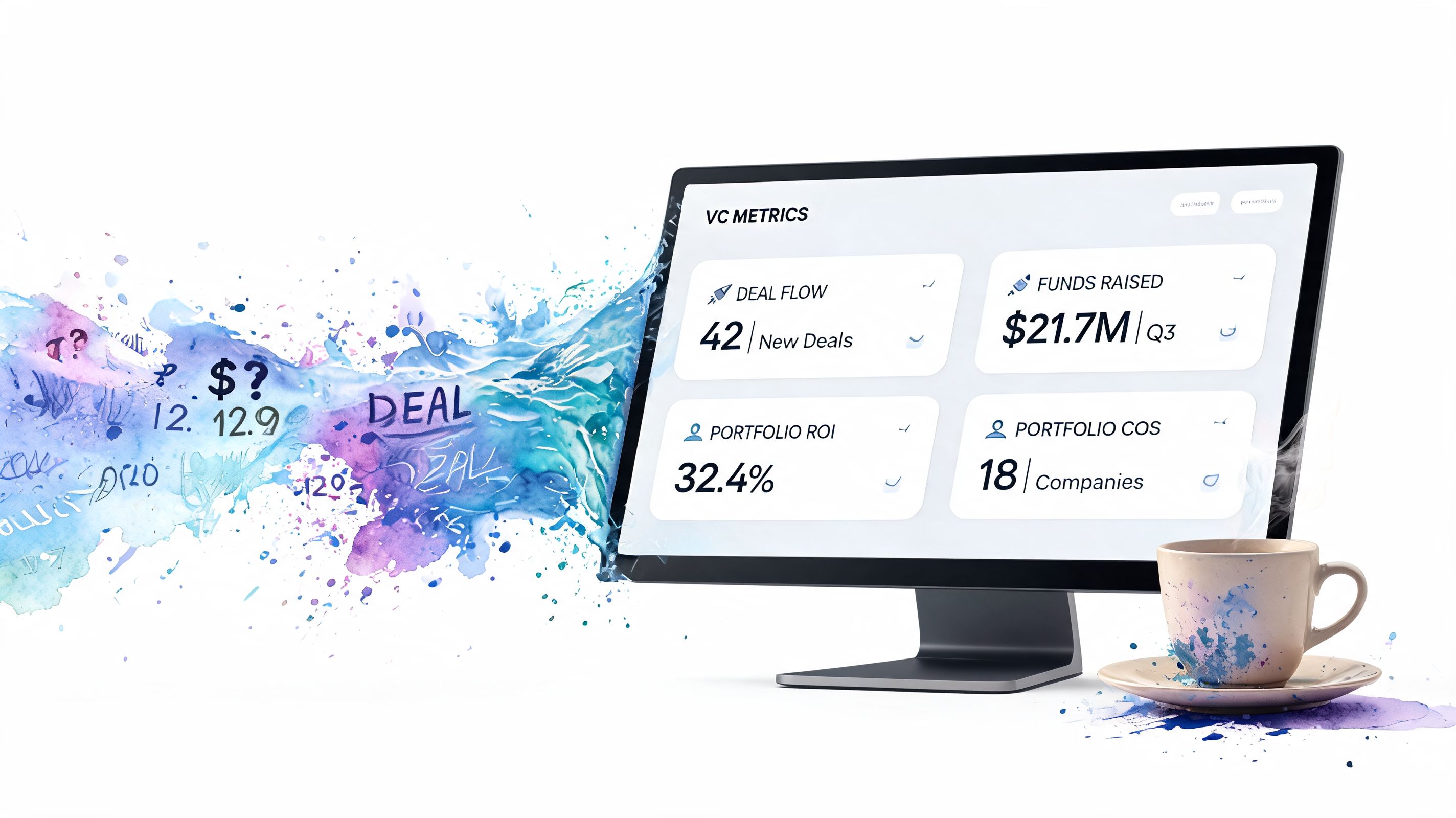 A digital display monitor showing venture capital metrics with creative watercolor paint splashes and a coffee cup.