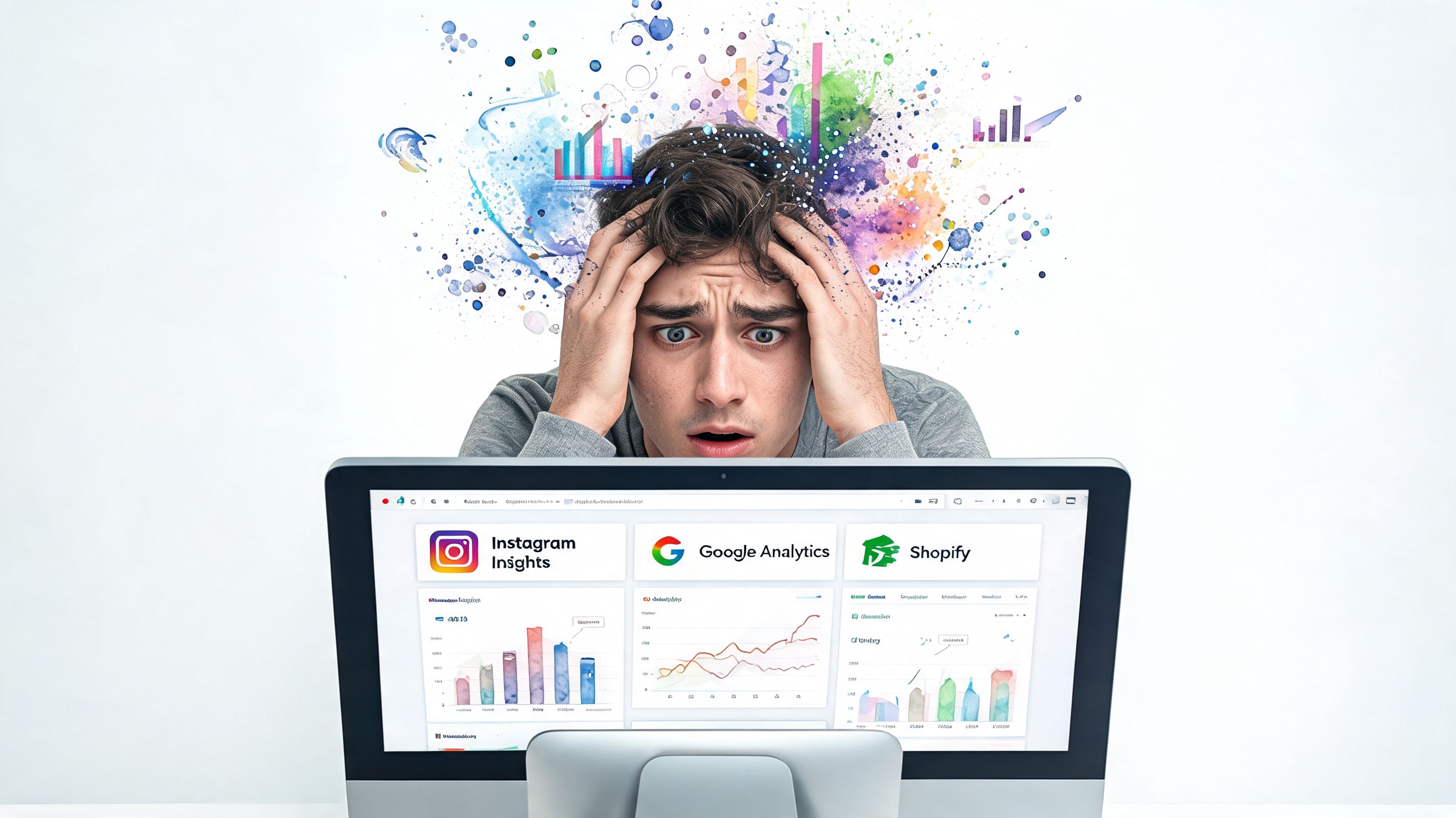A stressed man looking at data dashboards from Instagram, Google Analytics, and Shopify on a computer screen.