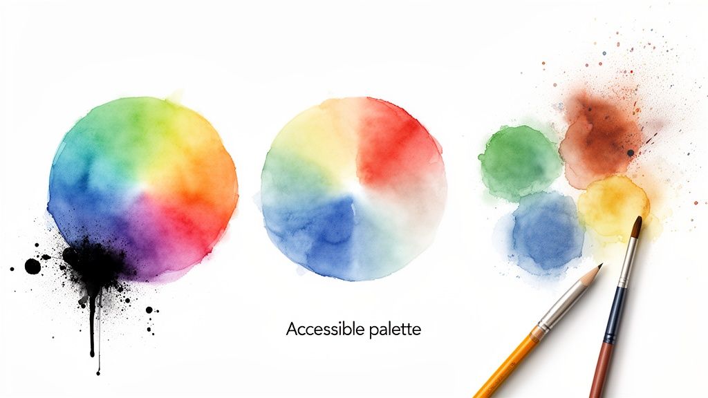 Watercolor color wheels, paint splotches, and art supplies with 'Accessible palette' text.