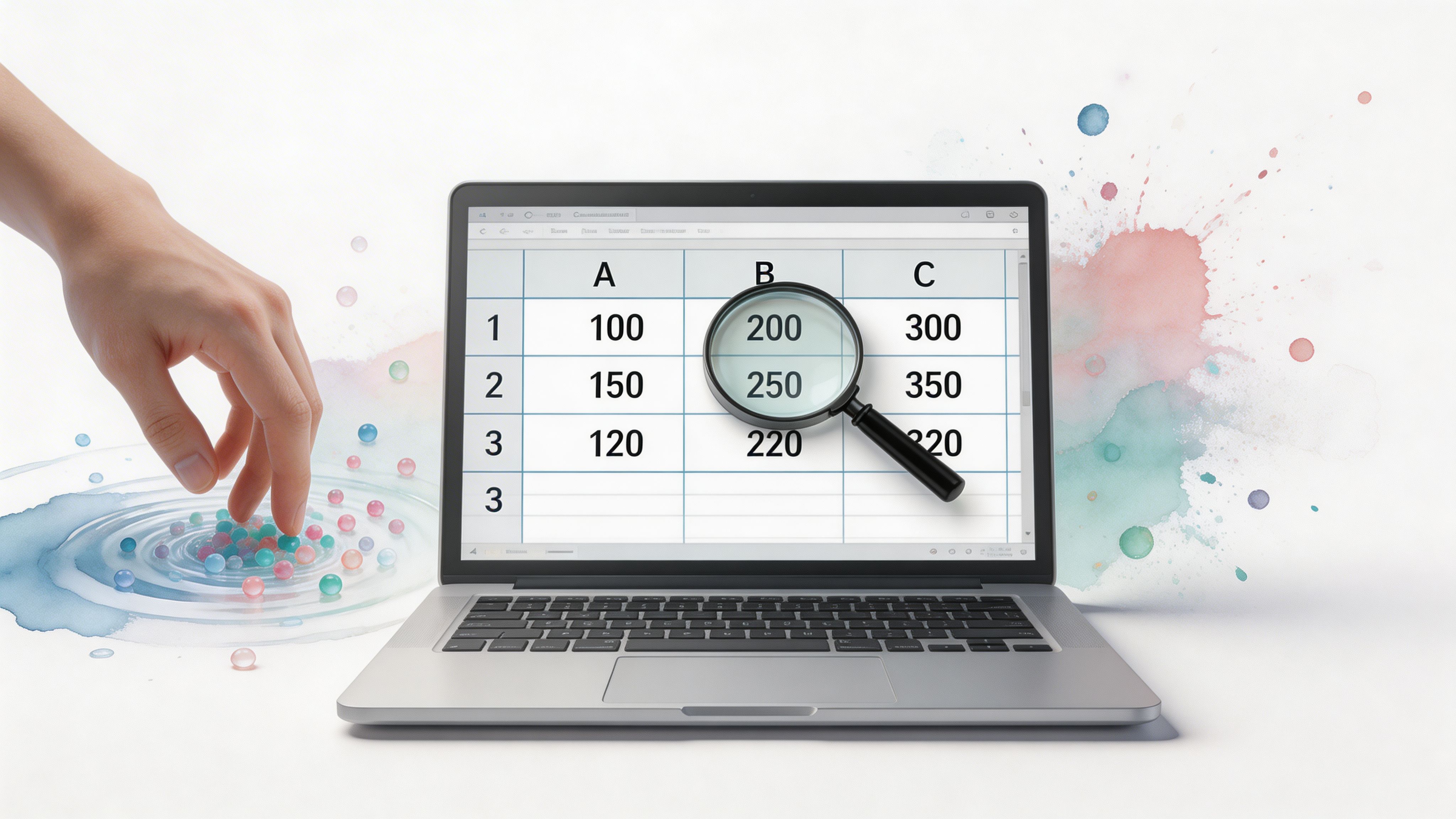 A hand interacting with colorful spheres near a laptop screen displaying a spreadsheet with a magnifying glass.