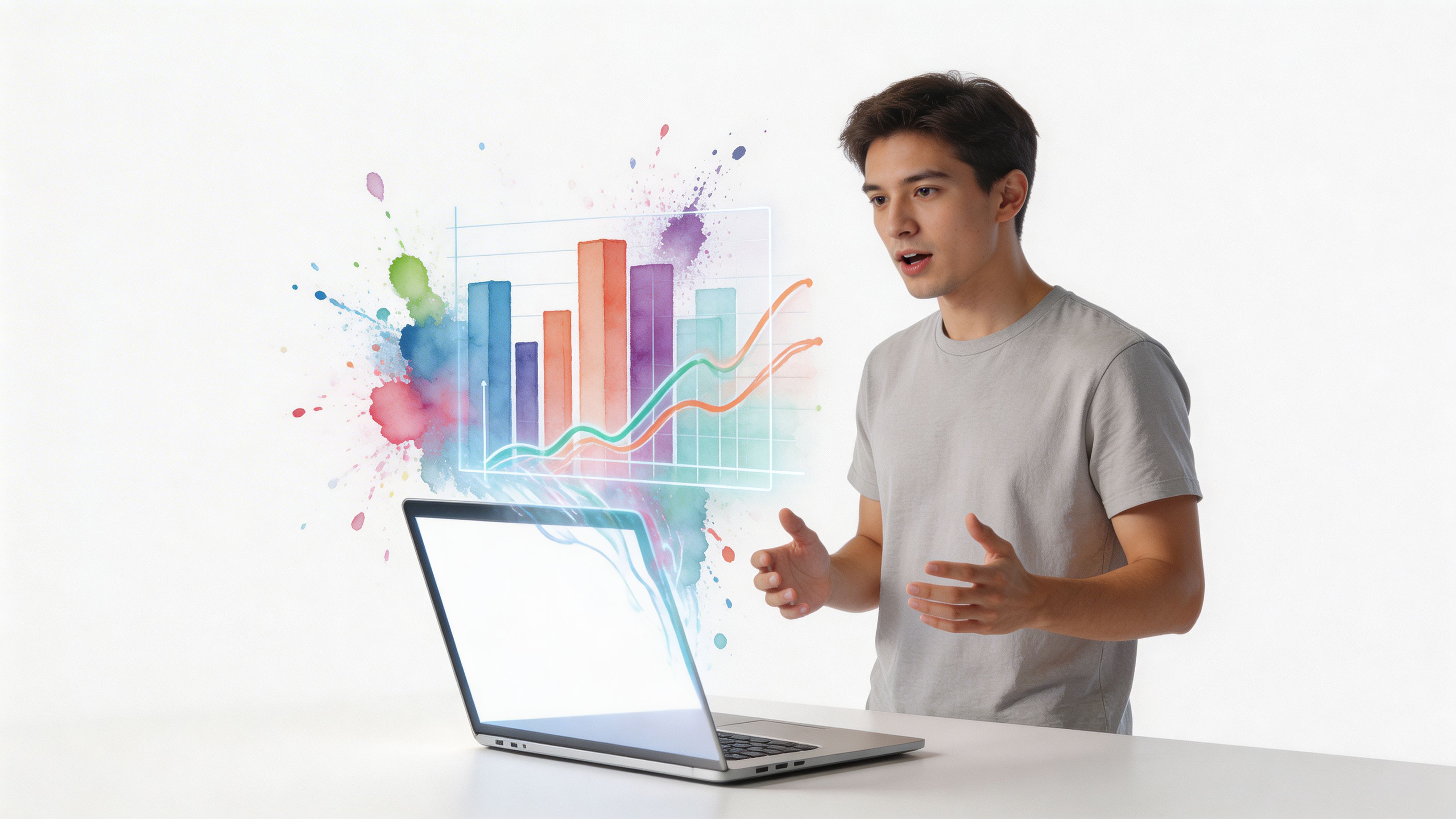 A young man looking surprised at a colorful, creative bar graph and line chart emerging from his laptop.