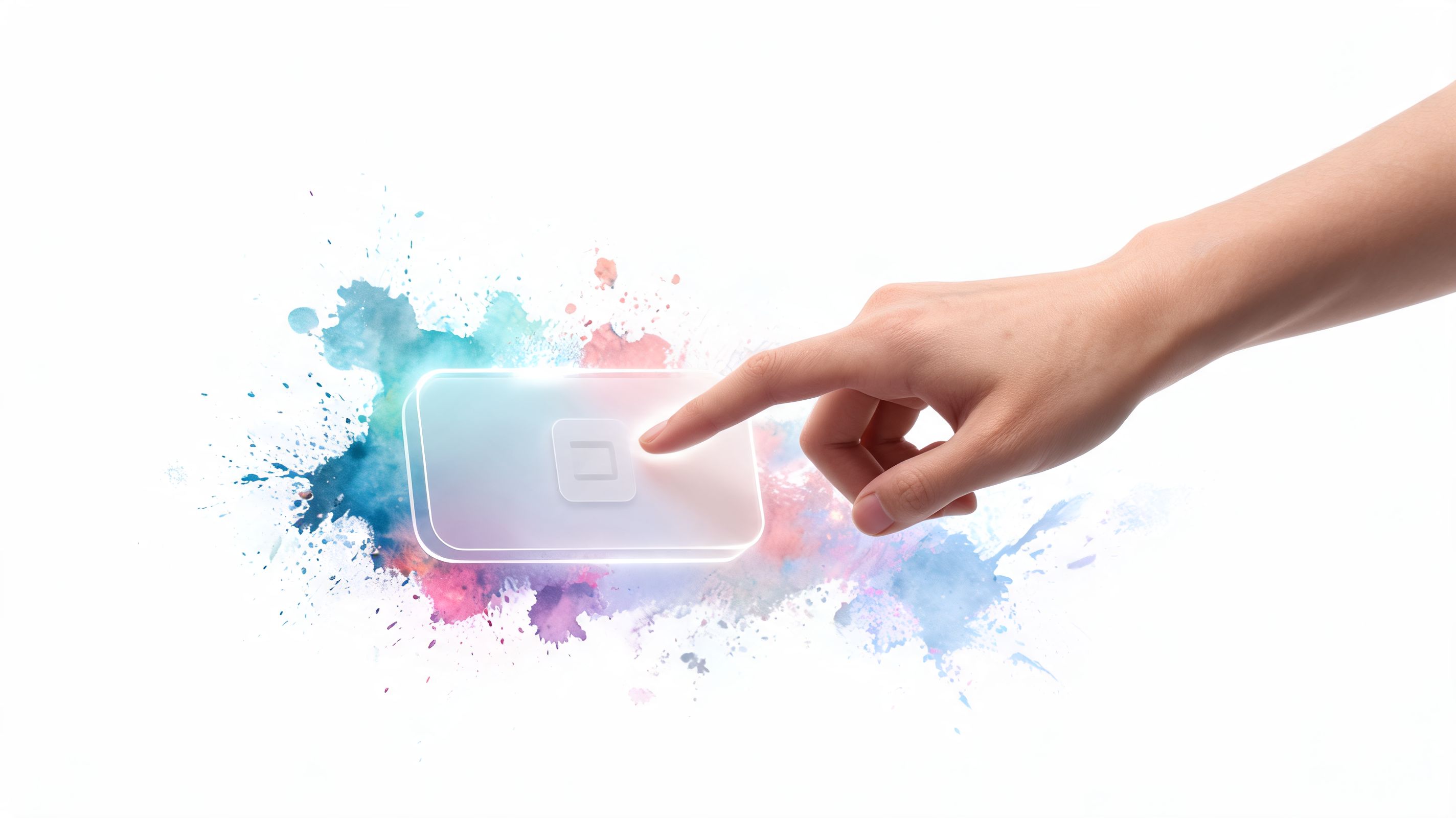 A human hand reaching out to touch a glowing digital interface button surrounded by colorful watercolor paint splashes.