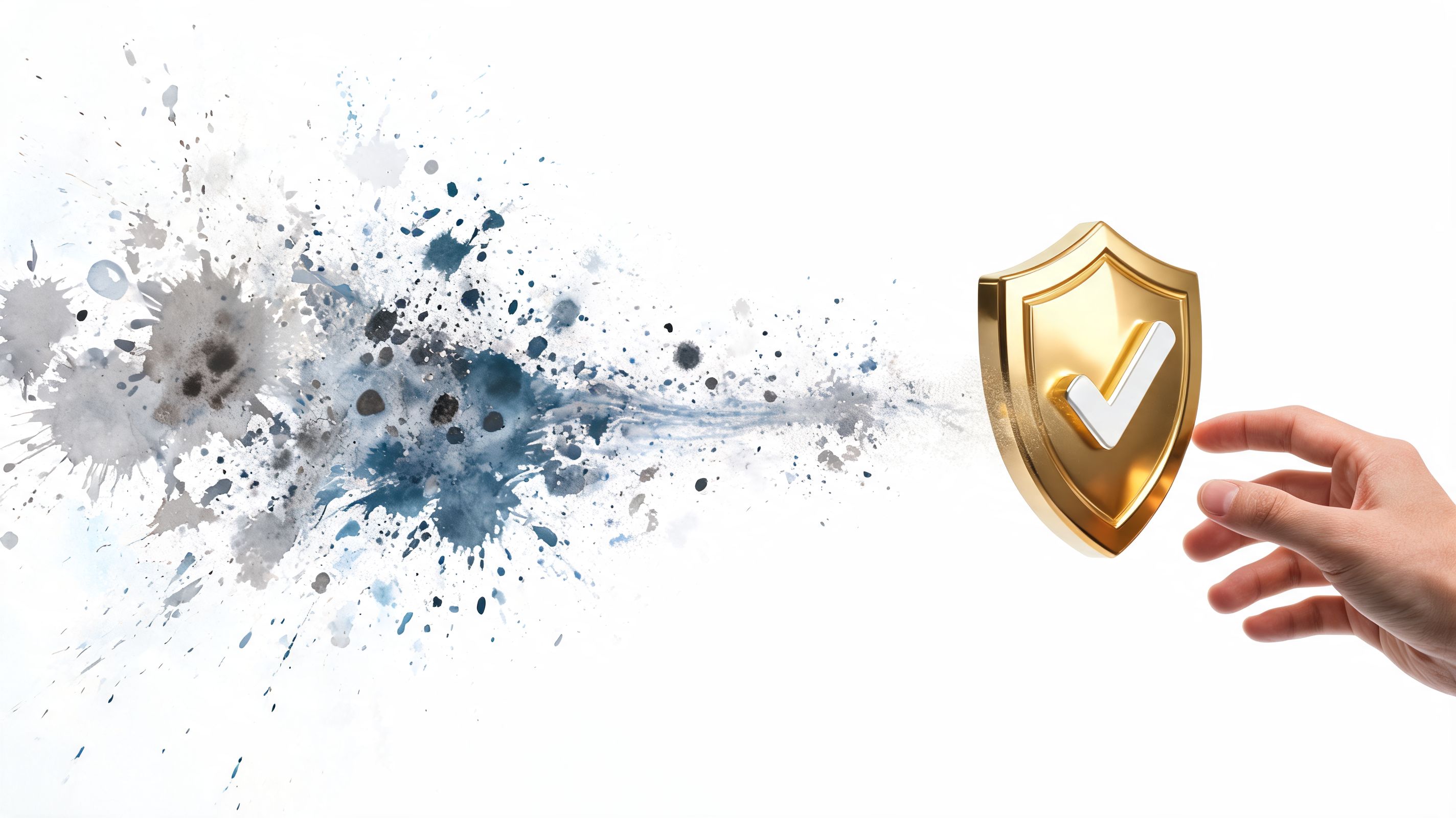 A human hand reaching toward a golden shield with a checkmark, stopping a dark ink splatter.