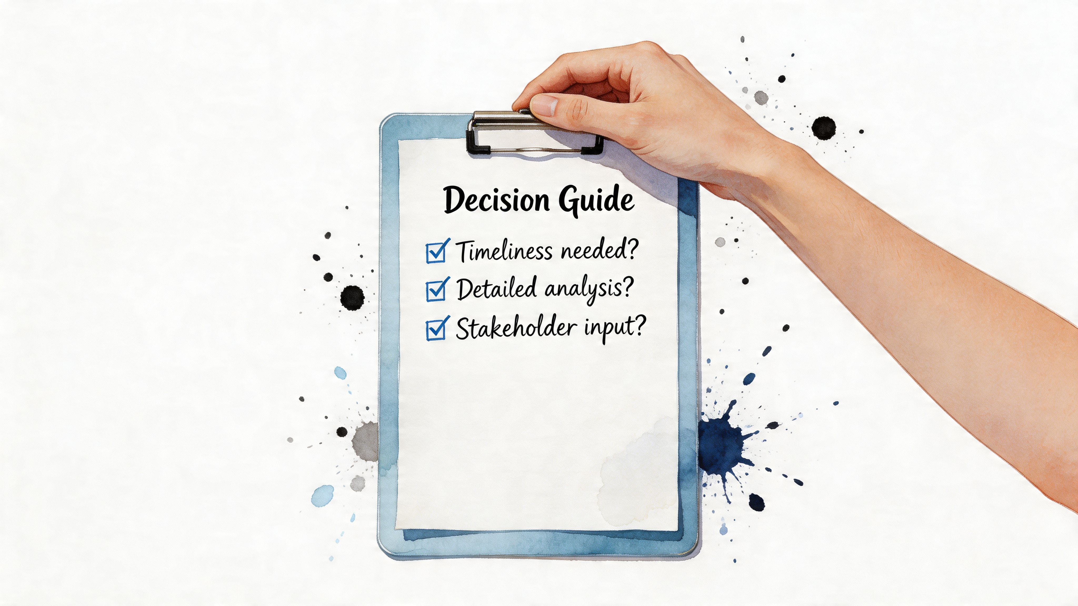 A hand holding a clipboard with a checklist titled Decision Guide including key business decision factors.