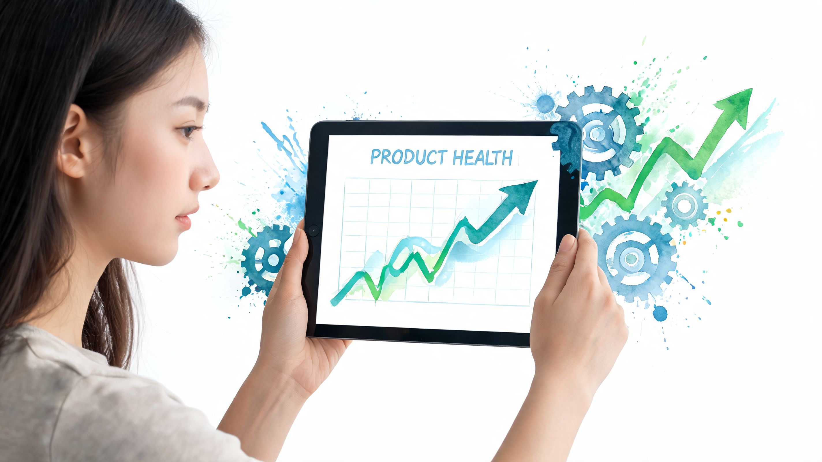 A young woman holding a tablet displaying a product health growth chart with watercolor gear graphics.