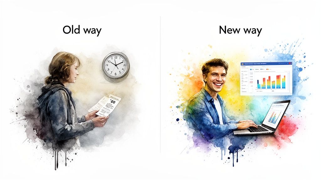 Contrast of manual data processing with a clock versus modern AI data analytics.