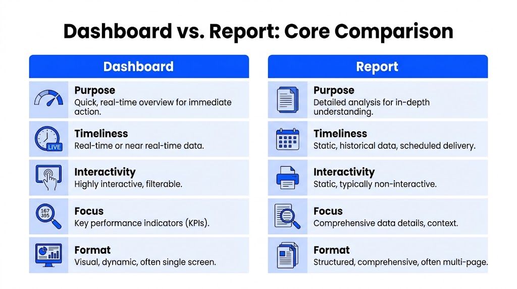 A comparison chart outlining the key differences between business dashboards and data reports for better decision making.
