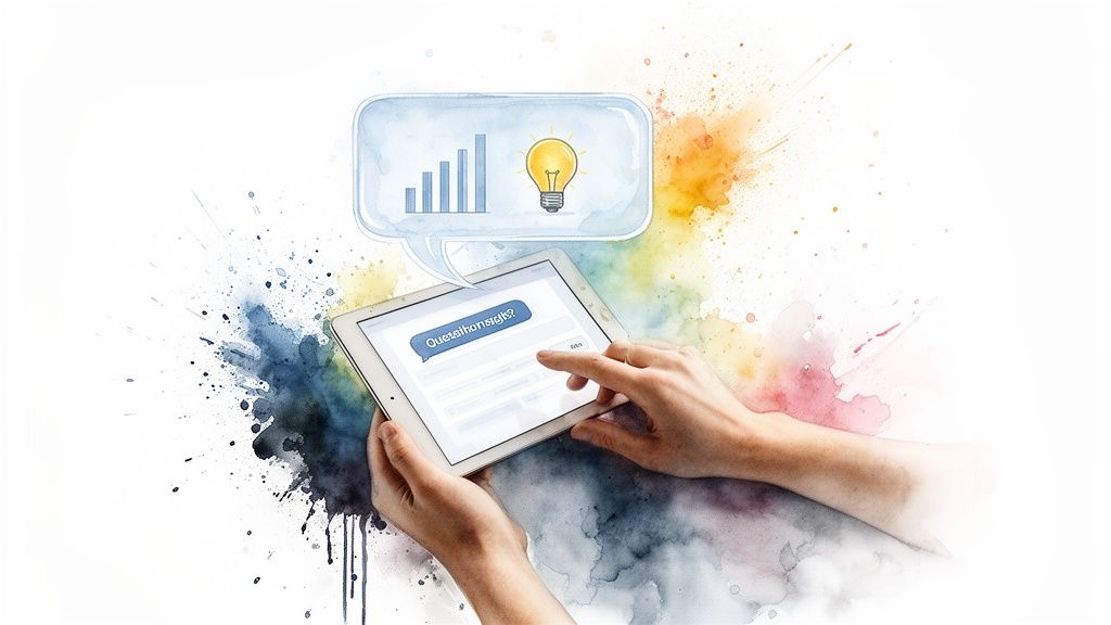 Hands interact with a tablet displaying a question, leading to a speech bubble with a bar chart and lightbulb, symbolizing data insights.