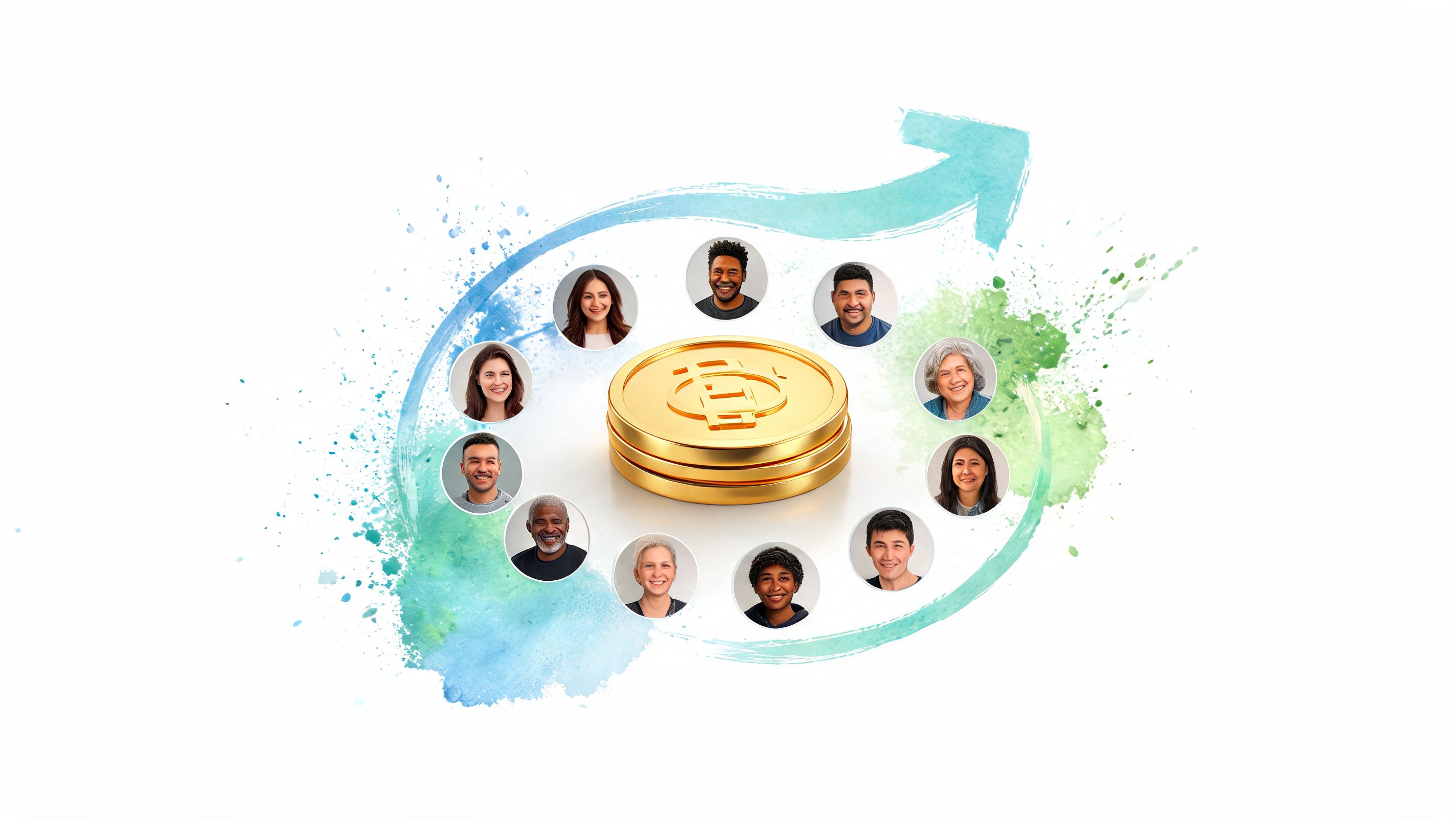 A digital illustration showing diverse people around a stack of gold coins with an upward arrow.