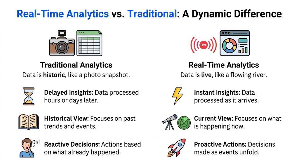 A comparison chart showing the differences between traditional historical data analytics and fast real-time analytics processes.