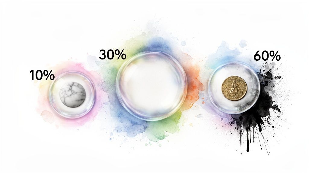 Three bubbles labeled 10%, 30%, 60% with watercolor splashes, containing a marble, empty space, and a gold coin.