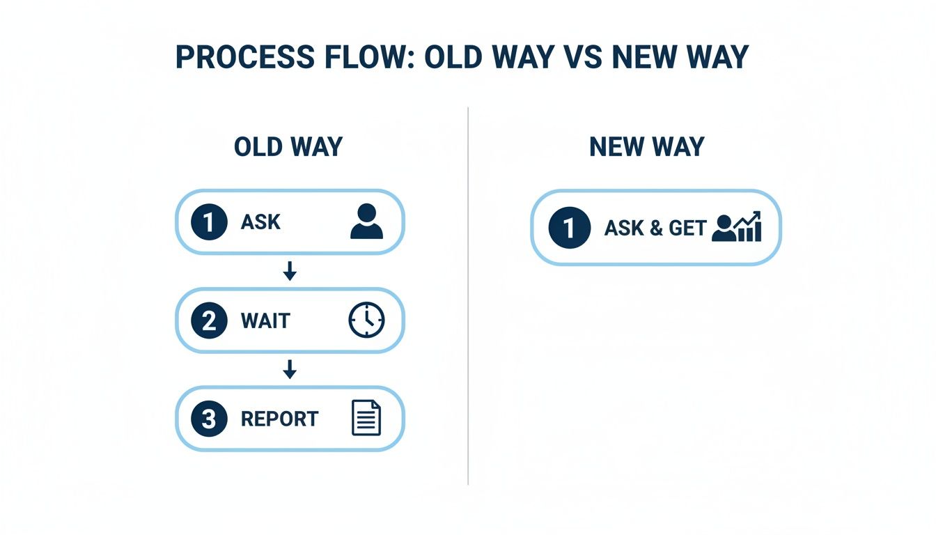A diagram comparing old manual process flow (ask, wait, report) to a new self-service (ask & get).