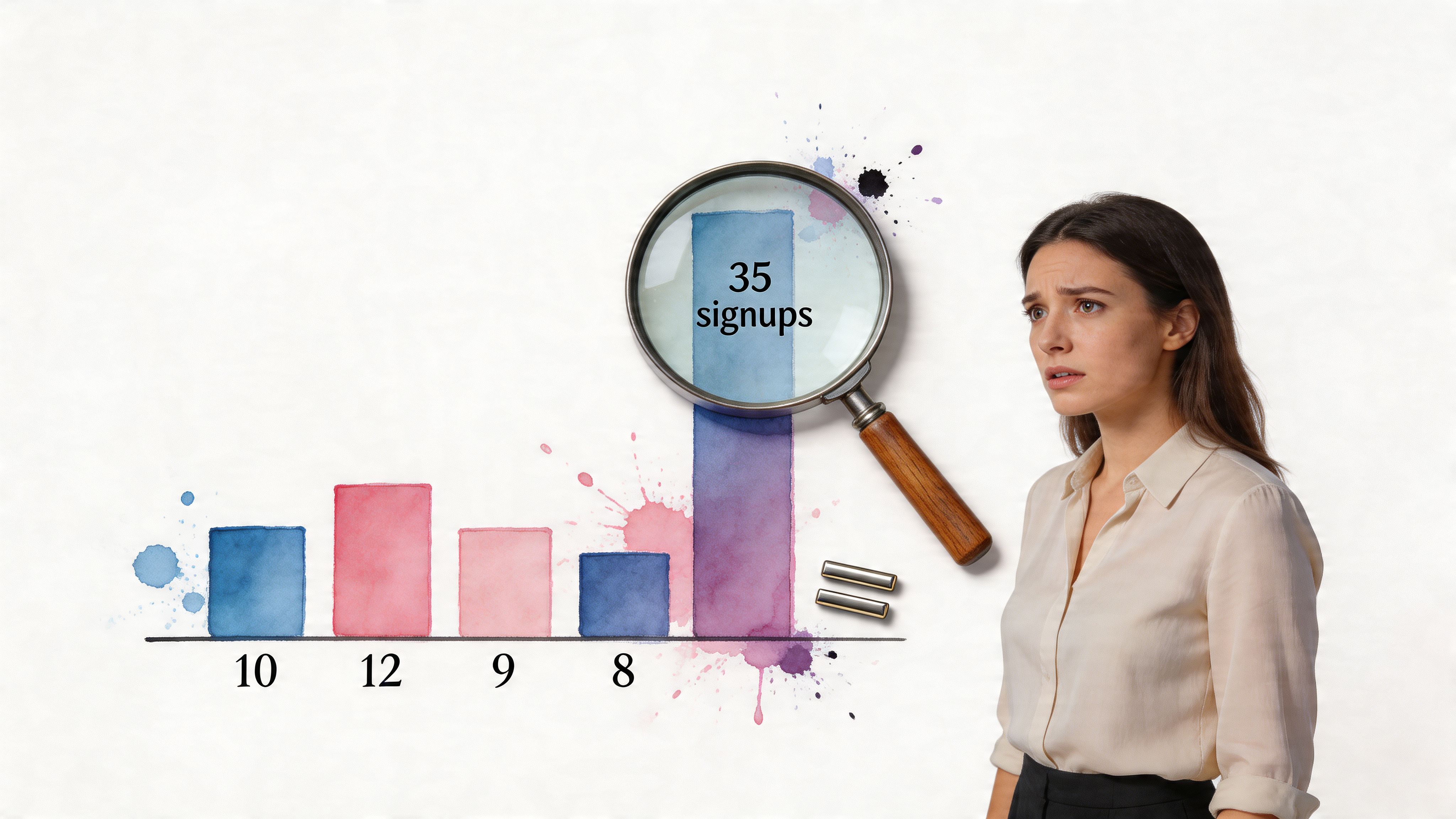 A concerned woman looking at a watercolor bar chart with an exaggerated magnifying glass showing 35 signups.